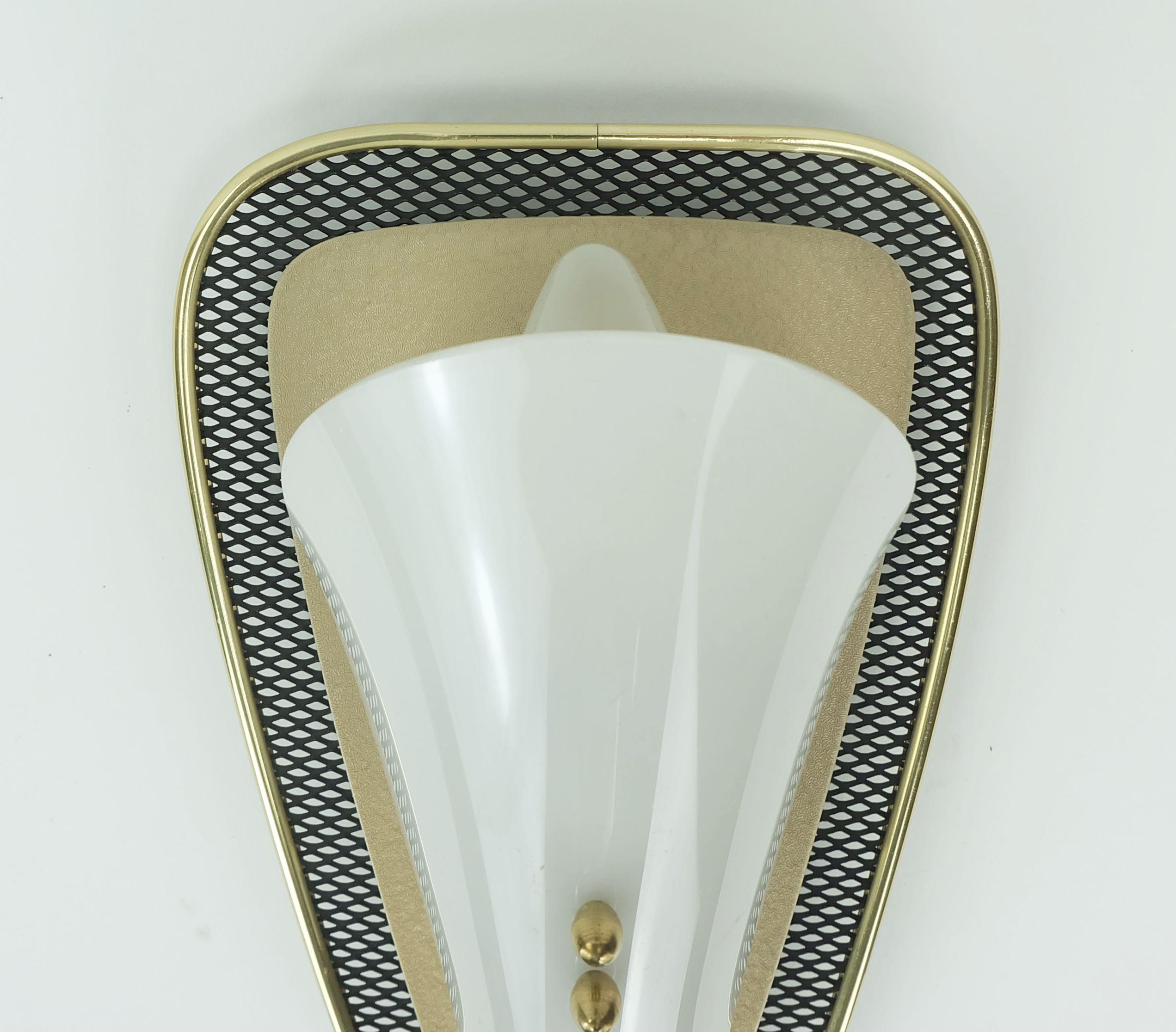 Mid-20th Century very beautiful 1950s SCONCE metal mesh and brass with white acrylic shade For Sale