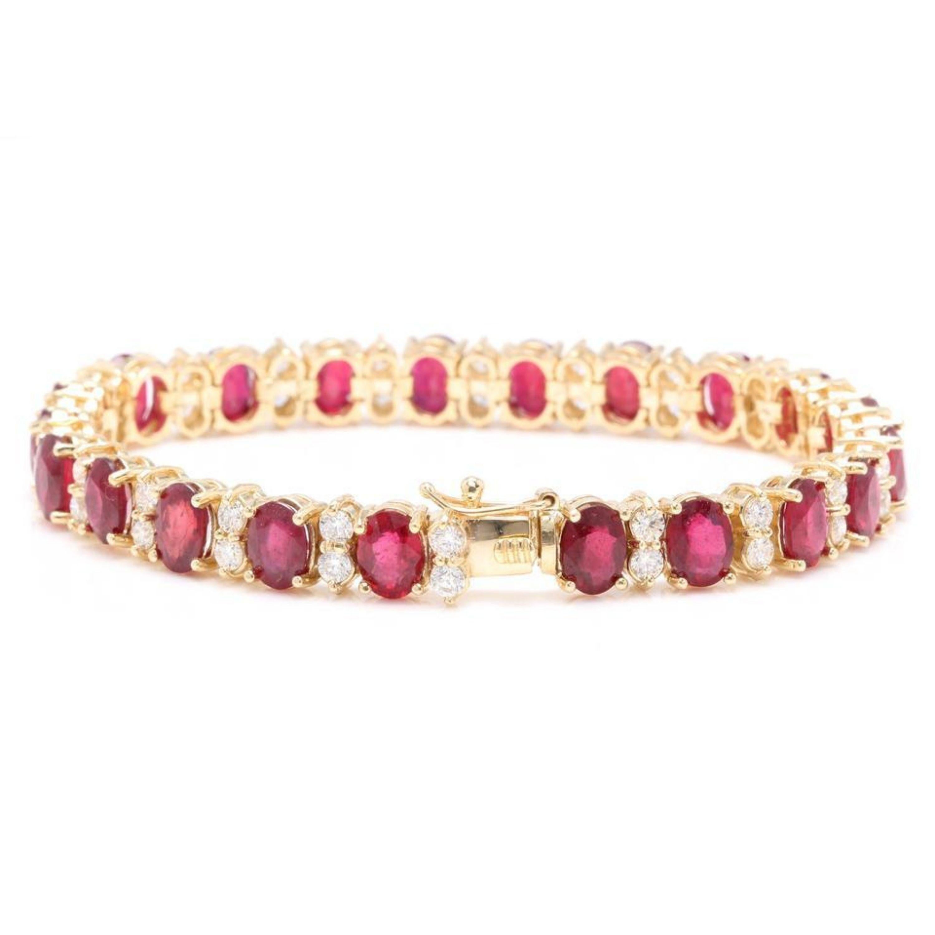 Very Beautiful 29.80 Carats Ruby & Natural Diamond 14K Solid Yellow Gold Bracelet

STAMPED: 14K

Total Natural Round Diamonds Weight: 3.80 Carats (color G-H / Clarity SI1-SI2)

Total Natural Ruby Weight is: 26.00 carats (Lead Glass Filled)

Bracelet