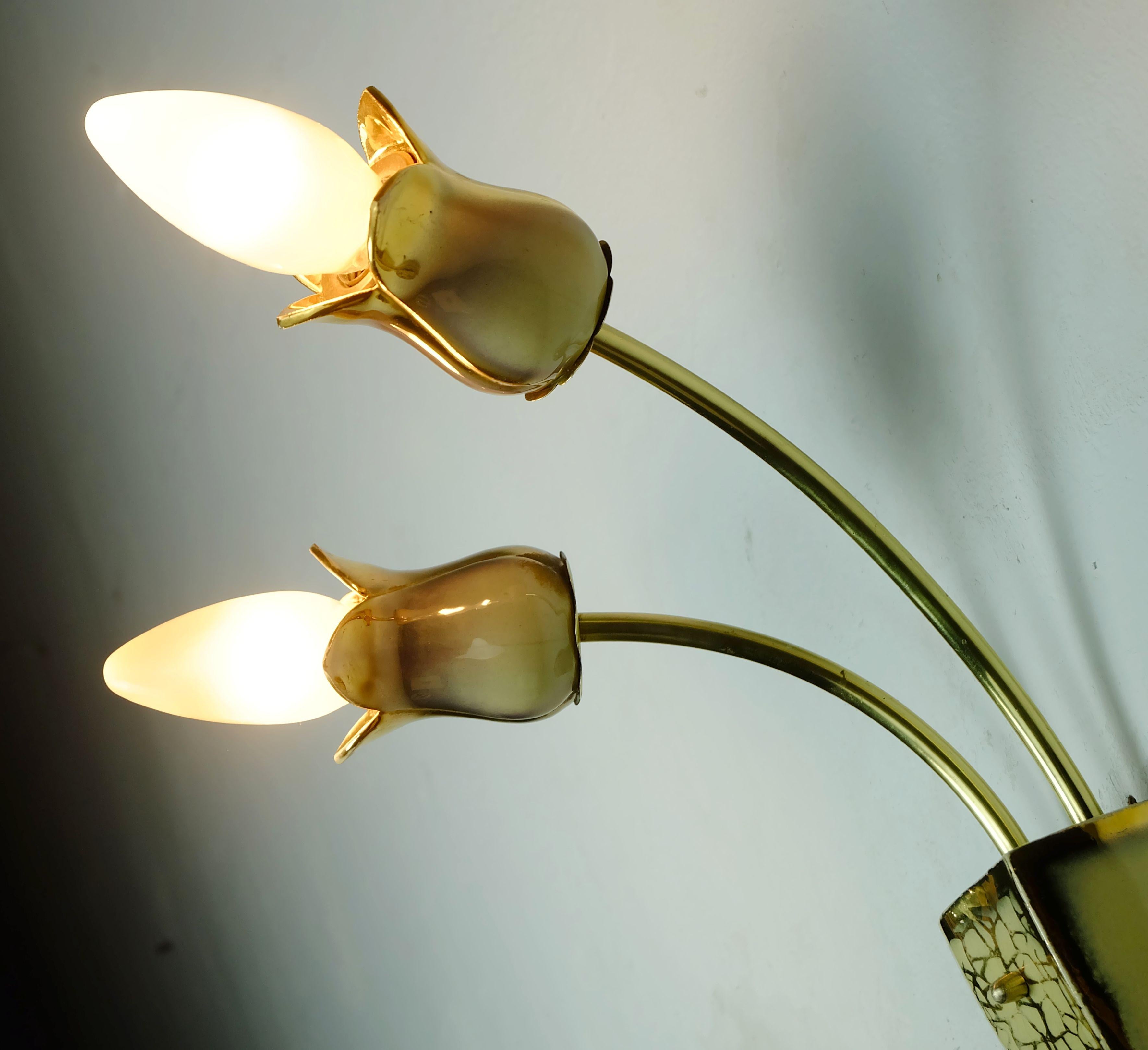 very beautiful and rare mid century 2-light ceramic and brass SCONCE 1950s For Sale 3
