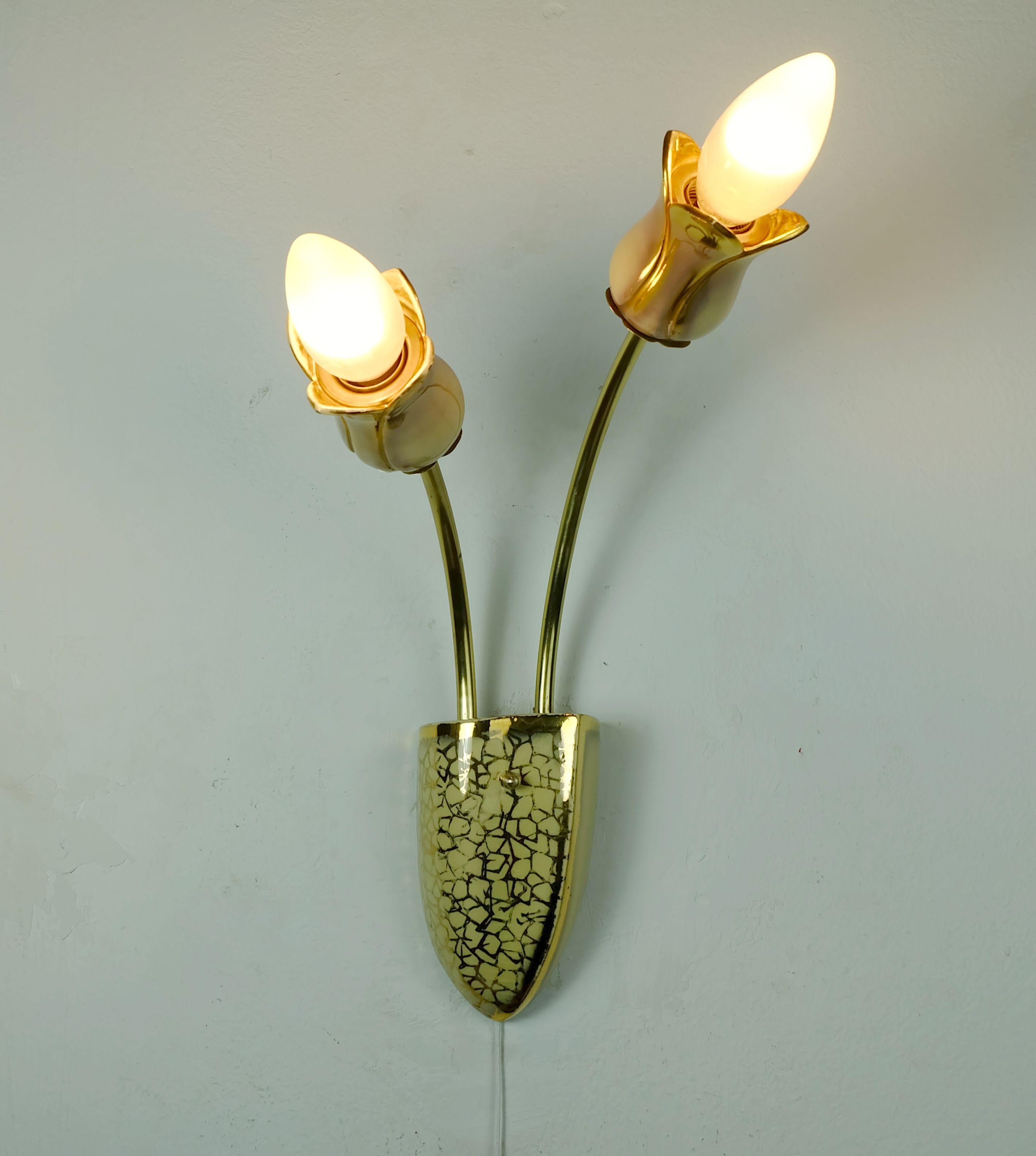 very beautiful and rare mid century 2-light ceramic and brass SCONCE 1950s For Sale 1