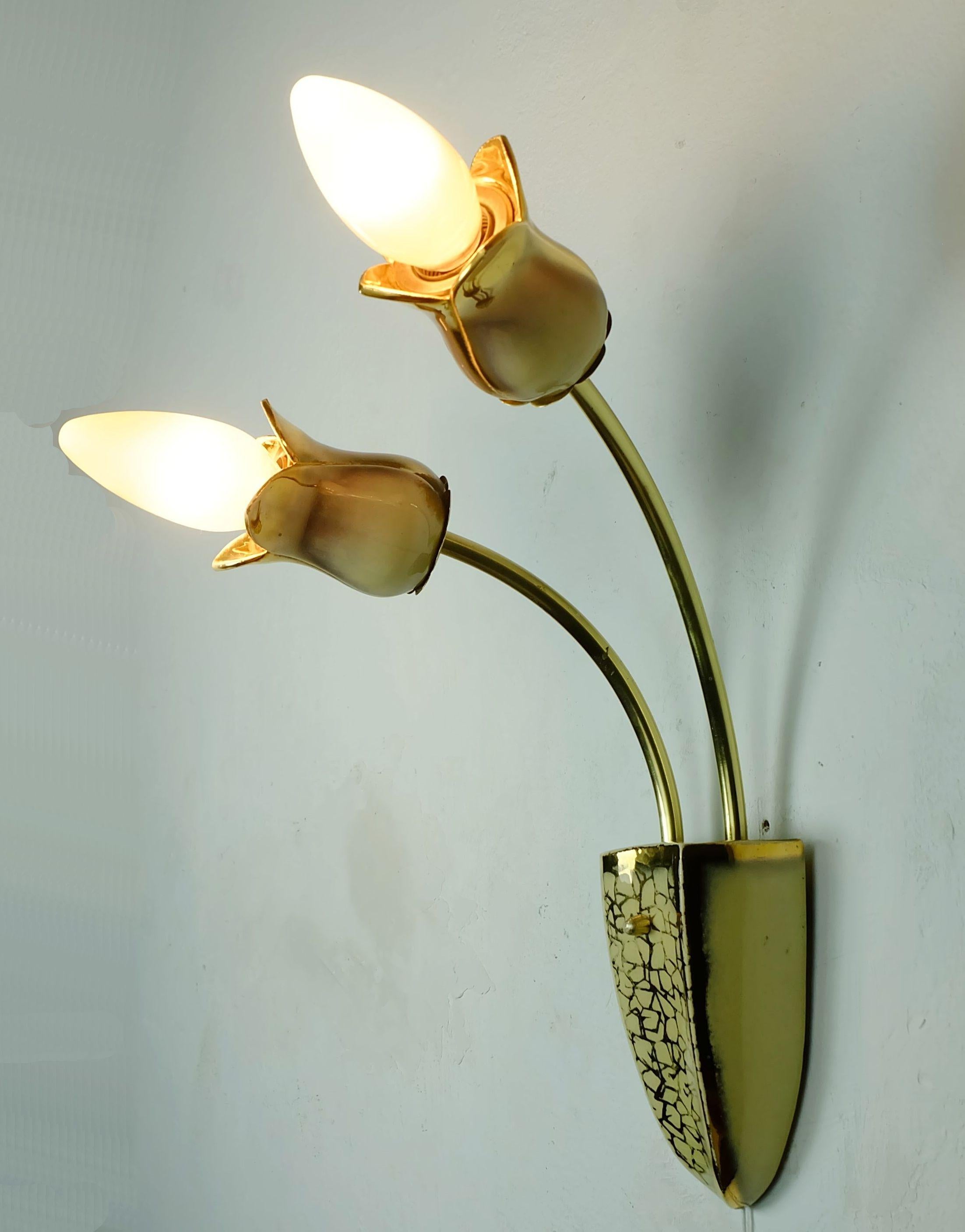 very beautiful and rare mid century 2-light ceramic and brass SCONCE 1950s For Sale 2