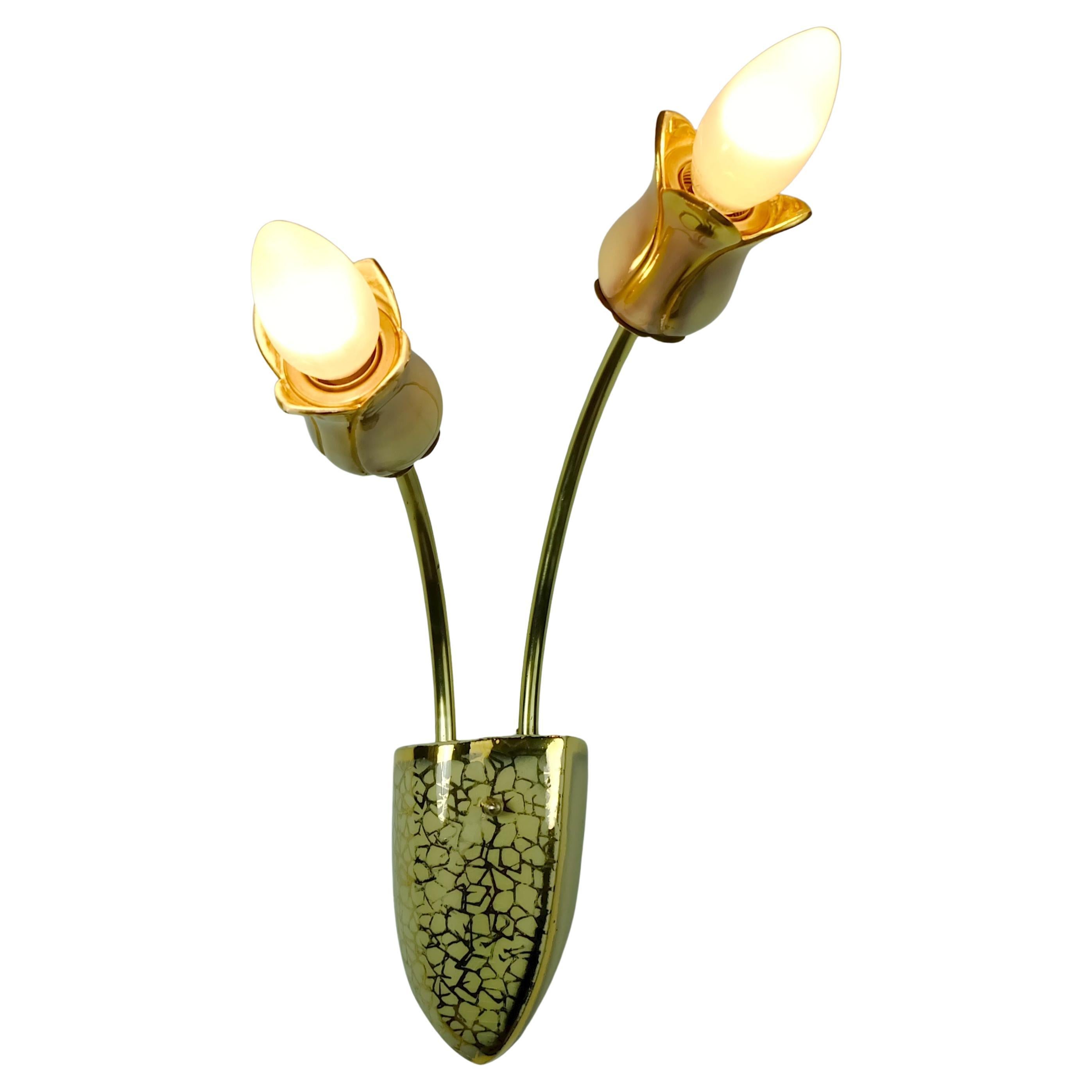 very beautiful and rare mid century 2-light ceramic and brass SCONCE 1950s