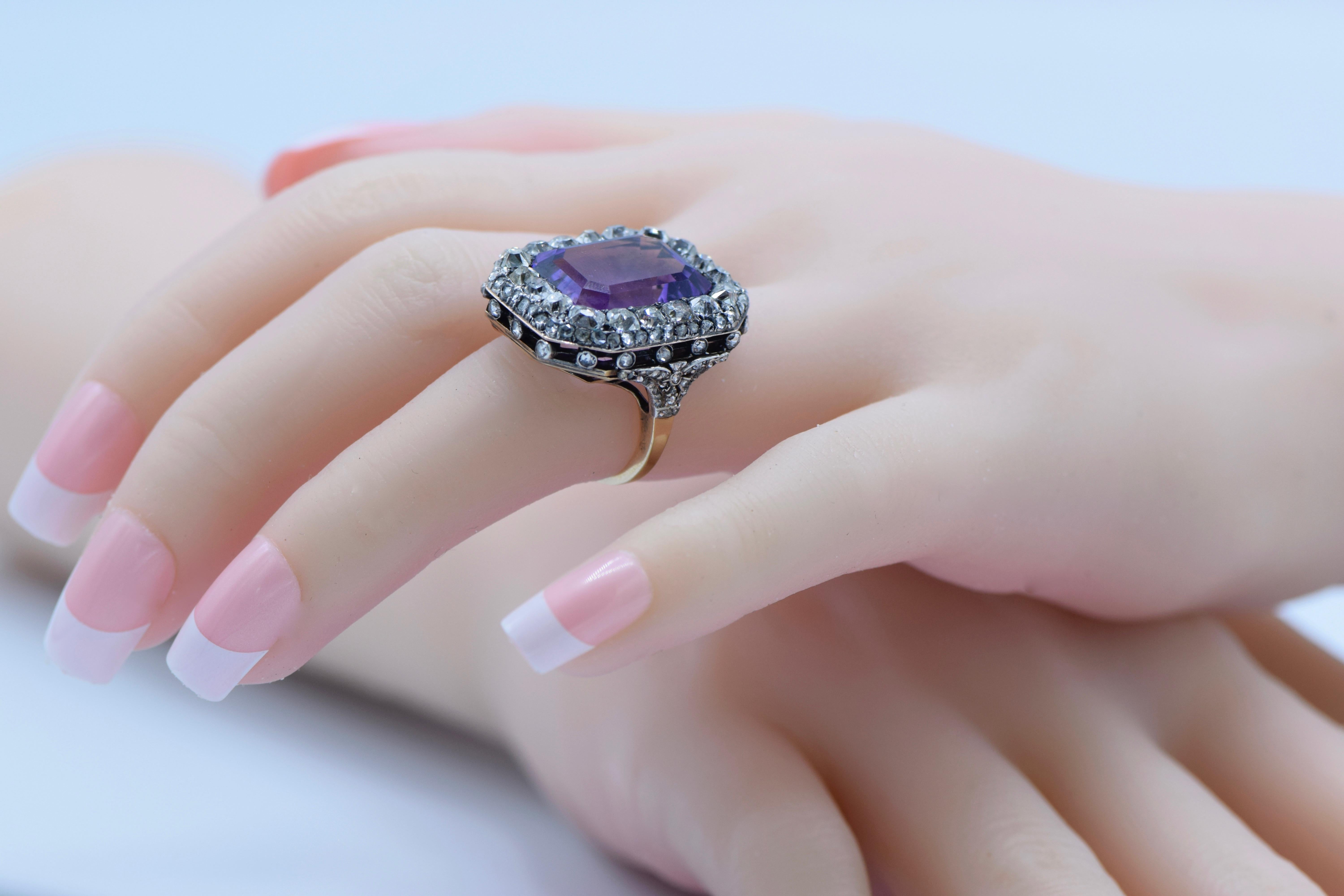 Women's Very Beautiful Antique Diamond, Amethyst, Gold and Silver Ring