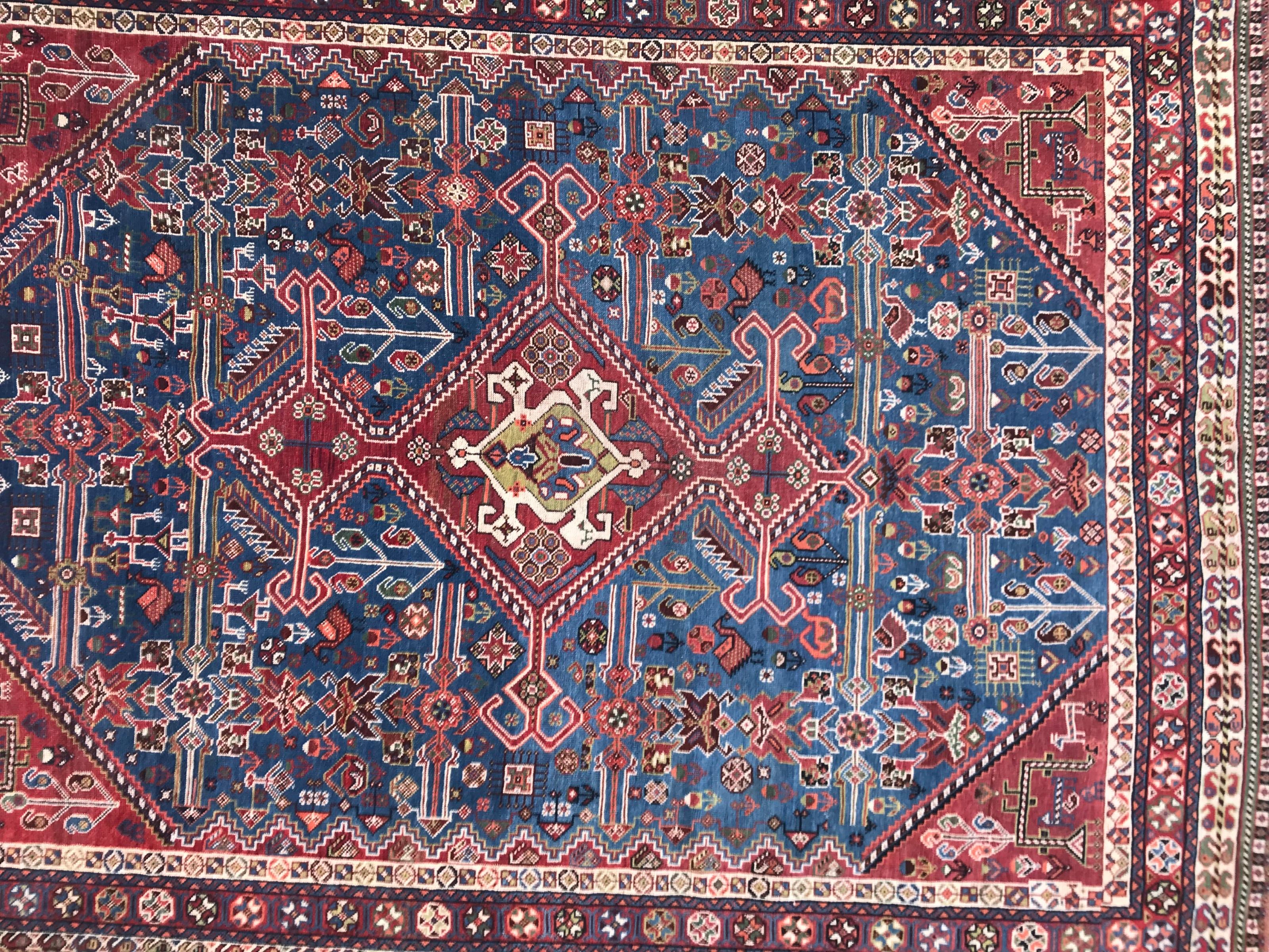 Beautiful late 19th century rug with nice geometrical design and natural colors with sky blue, red, yellow and green colors, entirely hand knotted with wool velvet on wool foundation.