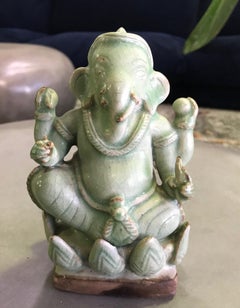Very Beautiful Green Glazed Porcelain Indian Ganesh or Genesha Sculpture on Base