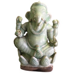 Very Beautiful Green Glazed Porcelain Indian Ganesh or Genesha Sculpture on Base