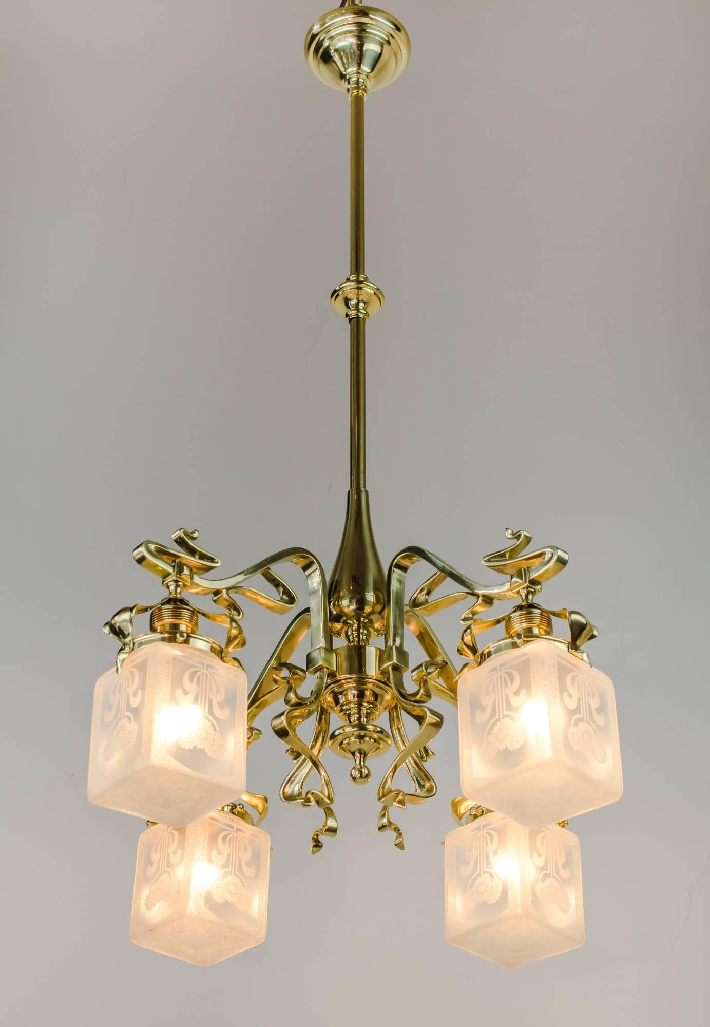 Polished Very Beautiful Jugendstil Floral Chandelier with Original Glasses, circa 1908