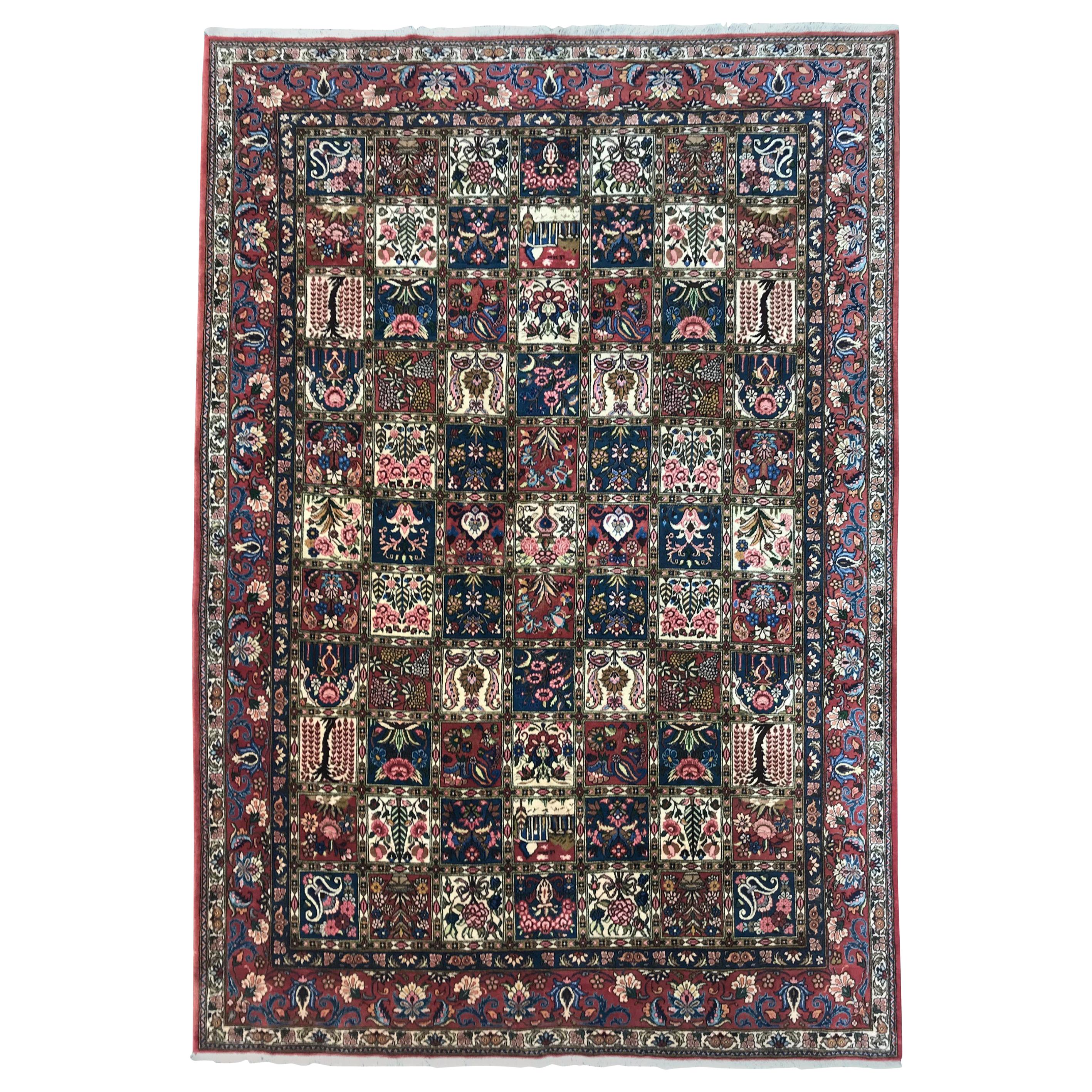 Nice late 20th century fine rug with beautiful design with checkerboards floral design, beautiful colors With blue, red, pink, green and purple, entirely hand knotted with wool velvet on cotton foundation.