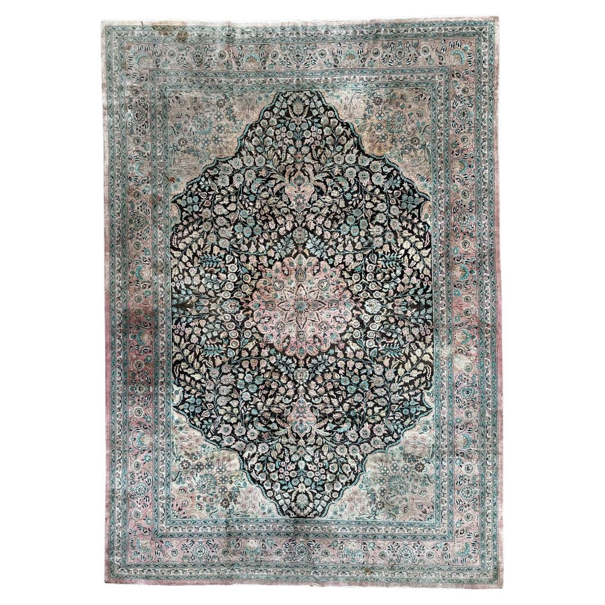 Very beautiful large vintage silk Qom rug For Sale