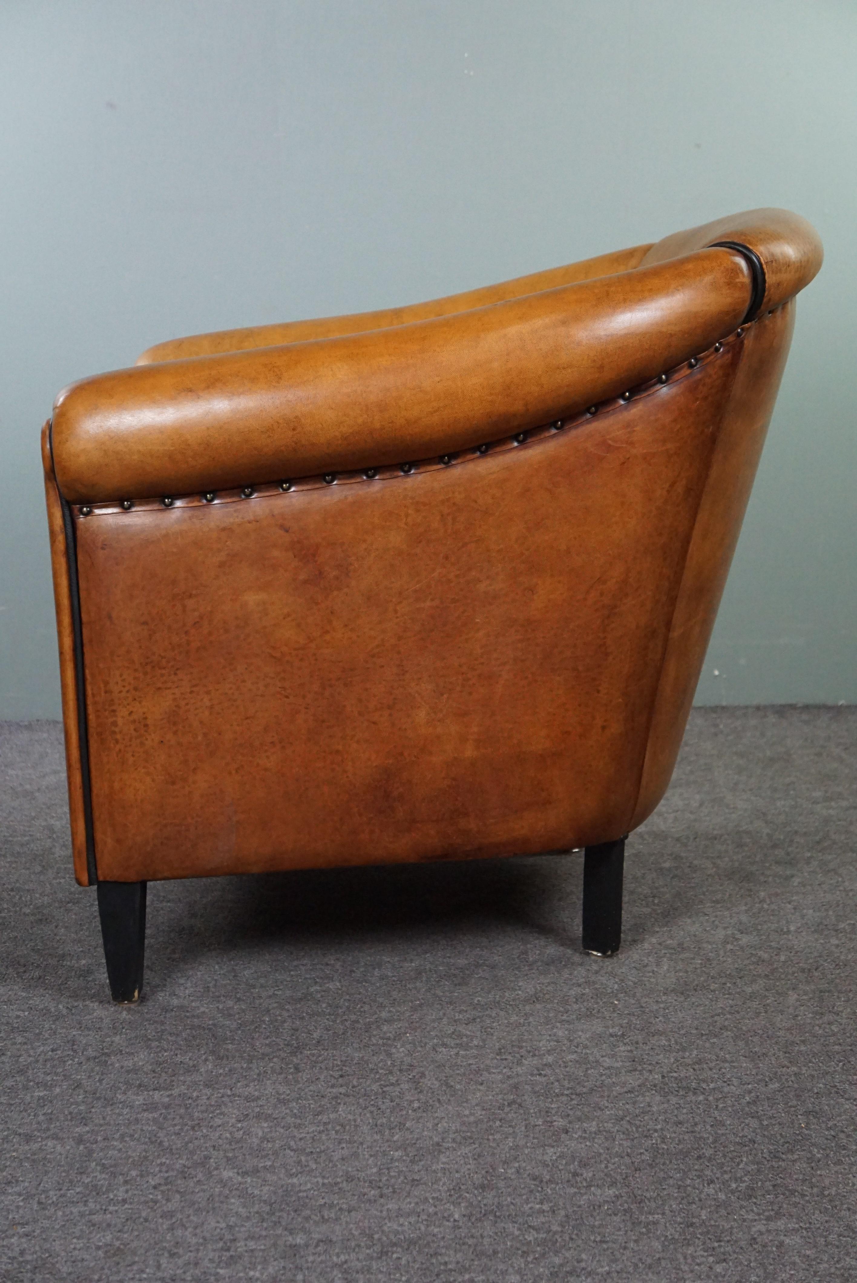 Leather Very beautiful light sheep leather club armchair with black piping For Sale