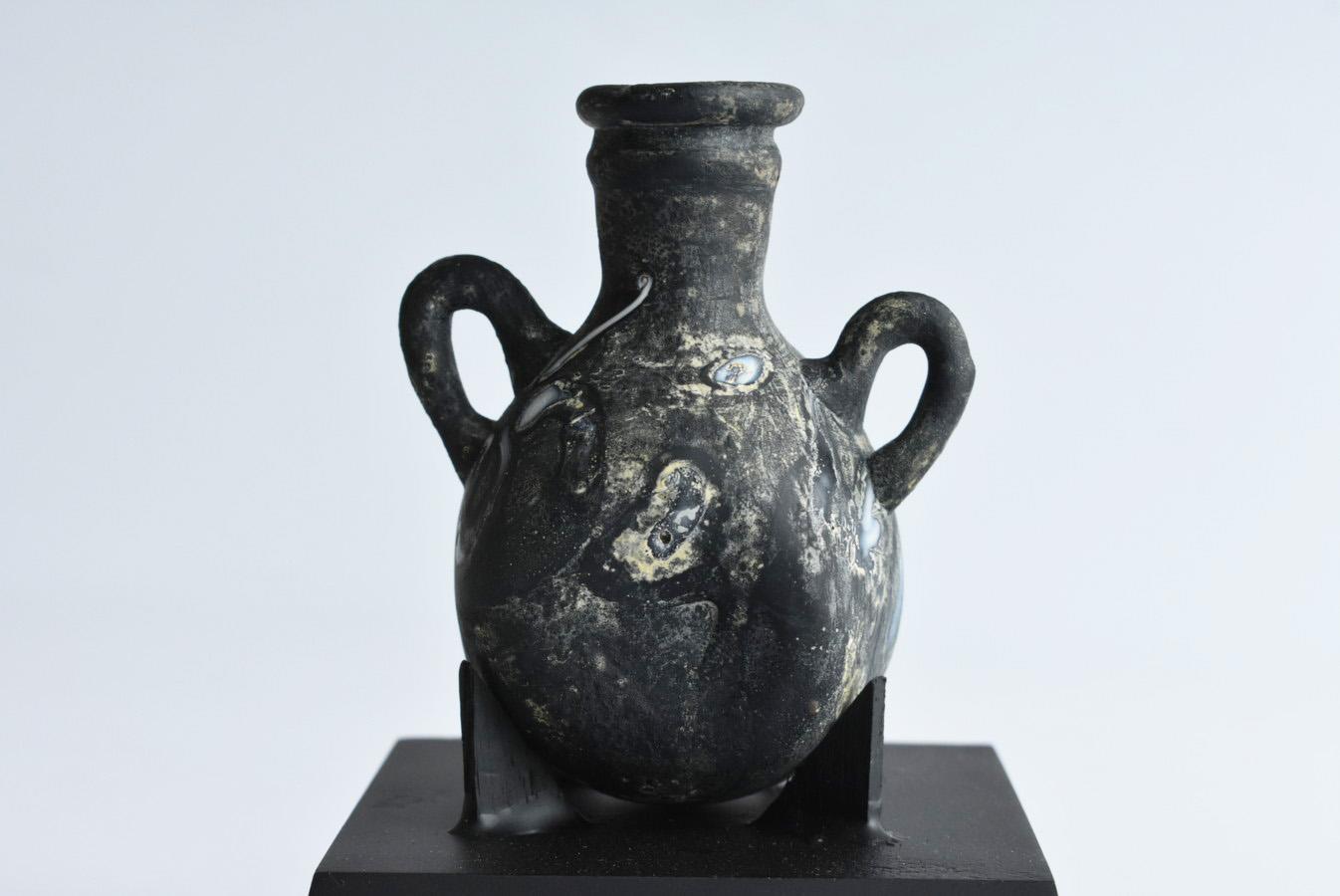 Italian Very Beautiful Marbled Black Ancient Glass Small Jar/Mediterranean For Sale