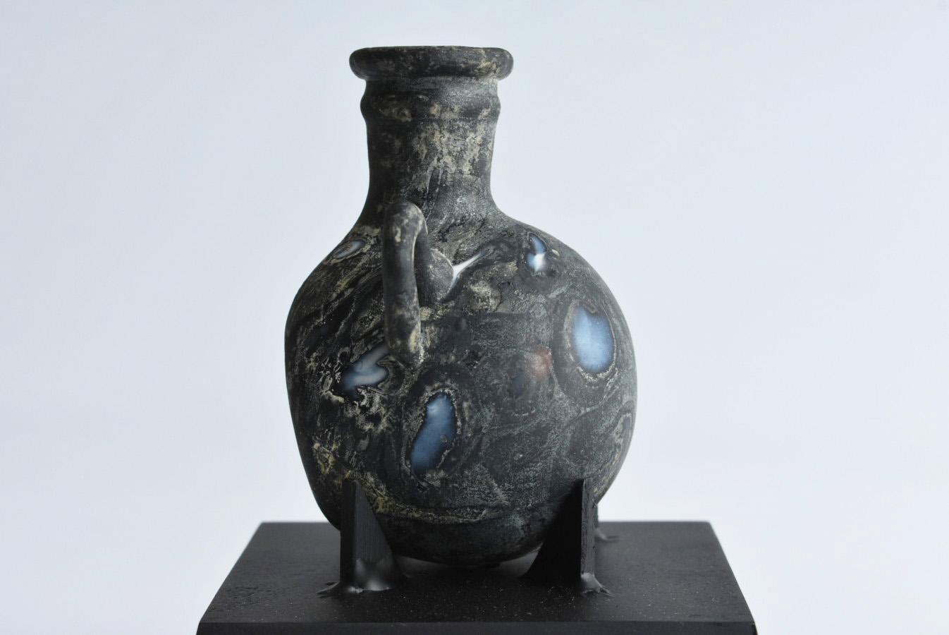 Hand-Crafted Very Beautiful Marbled Black Ancient Glass Small Jar/Mediterranean For Sale