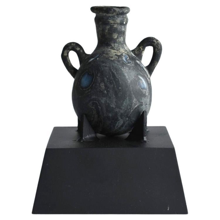 Very Beautiful Marbled Black Ancient Glass Small Jar/Mediterranean For Sale