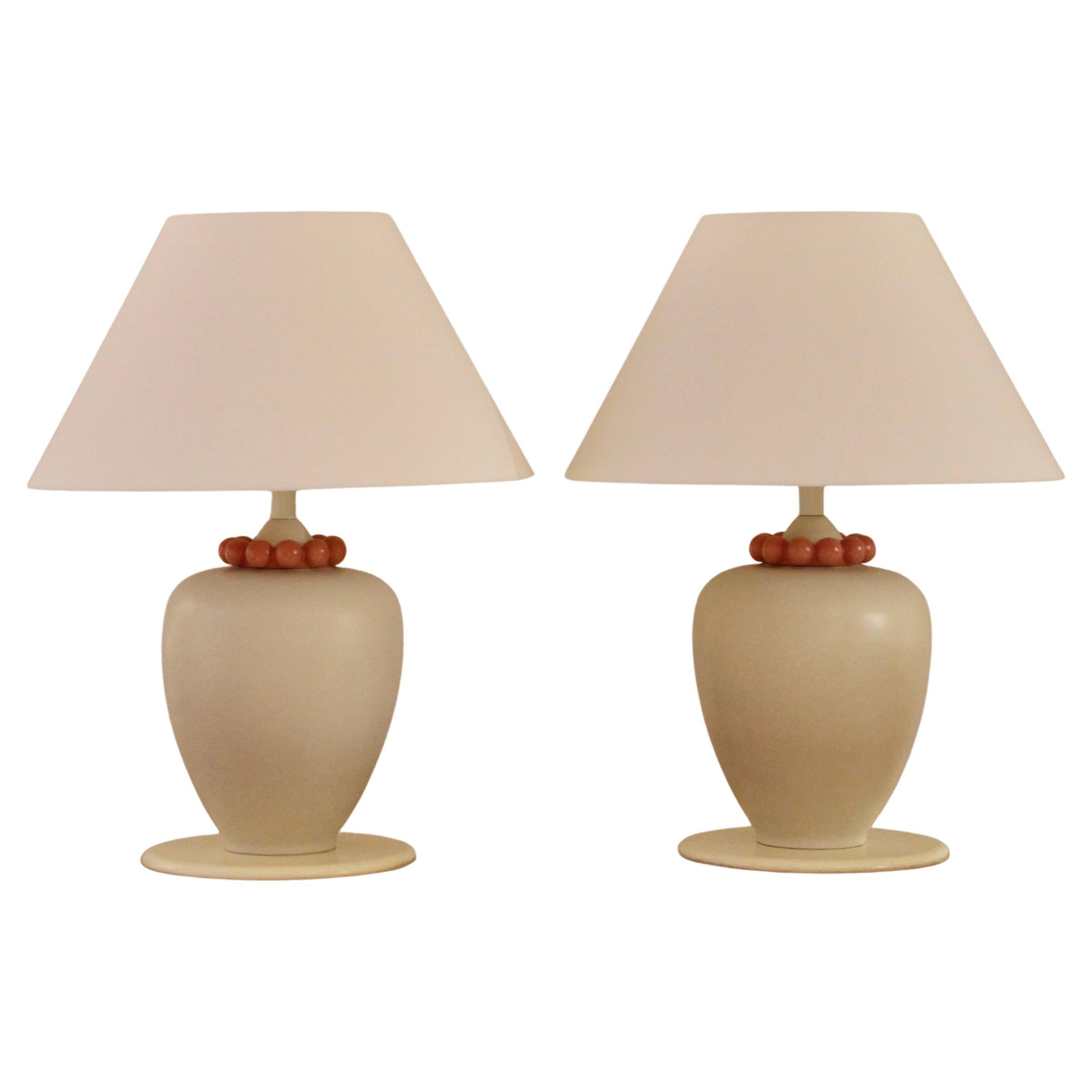 Very beautiful pair of ceramic "pearl necklace" lamp. Italy circa 1980 For Sale