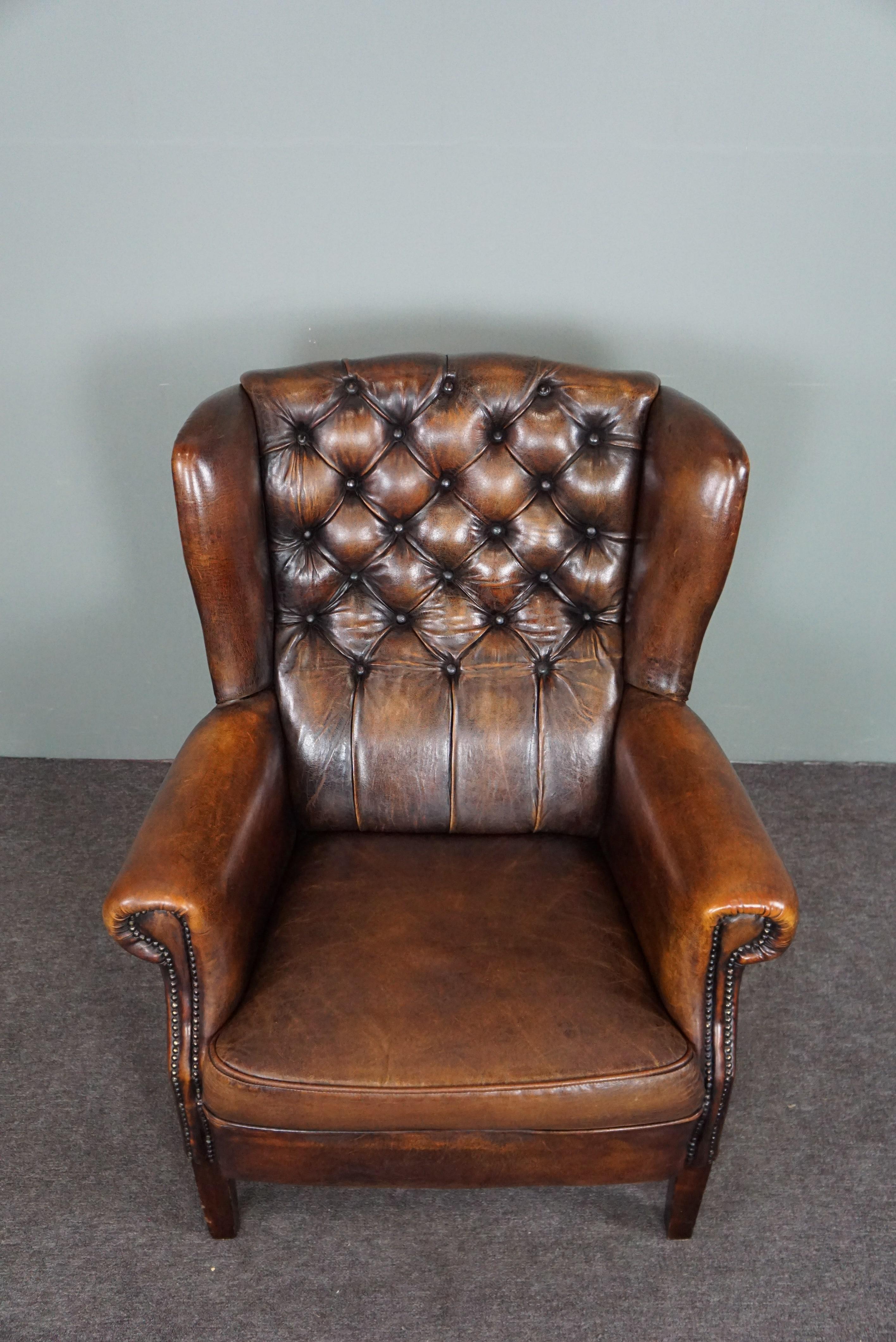 Very beautiful, rare sheep leather wing chair In Good Condition For Sale In Harderwijk, NL