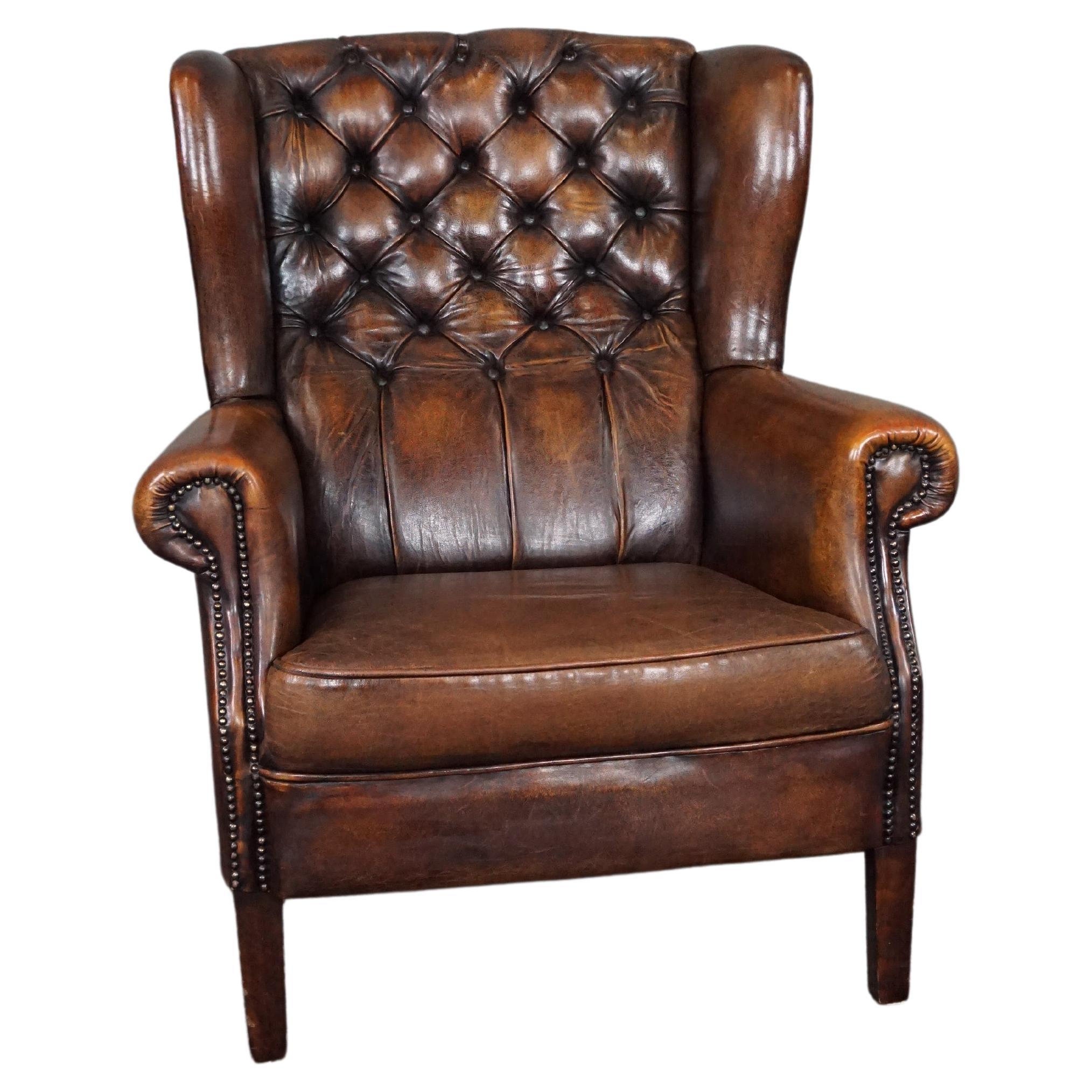 Very beautiful, rare sheep leather wing chair For Sale