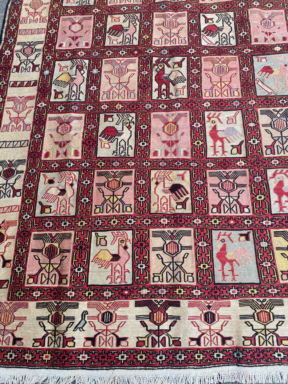 Rustic Bobyrug’s Very Beautiful Silk Verneh Soumak Embroidered Flat Rug For Sale