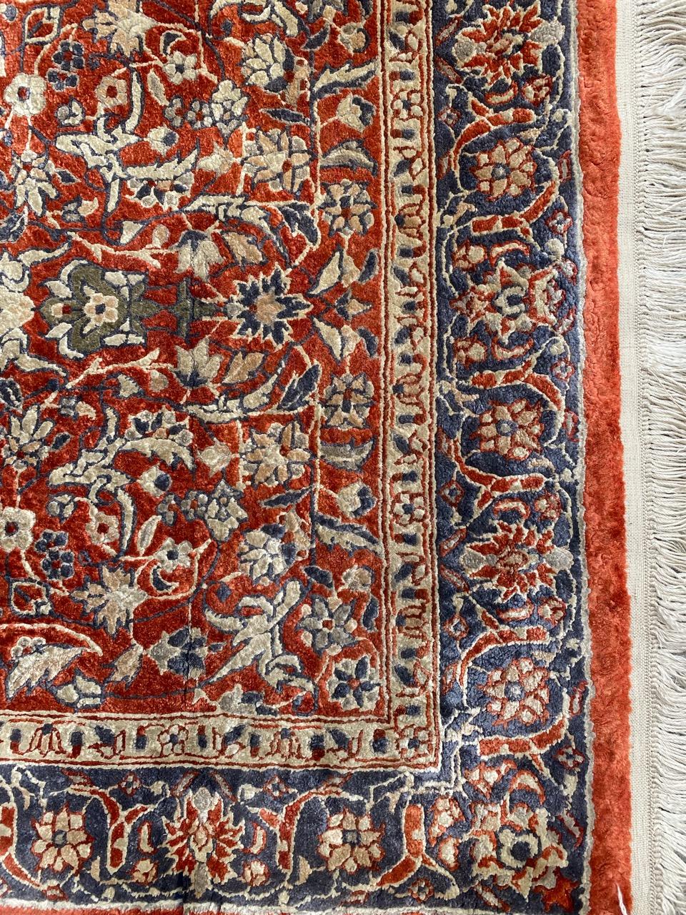 Nice little fine silk rug with beautiful floral Persian design and nice colors, entirely and finely hand knotted with silk velvet on silk foundation.

✨✨✨
