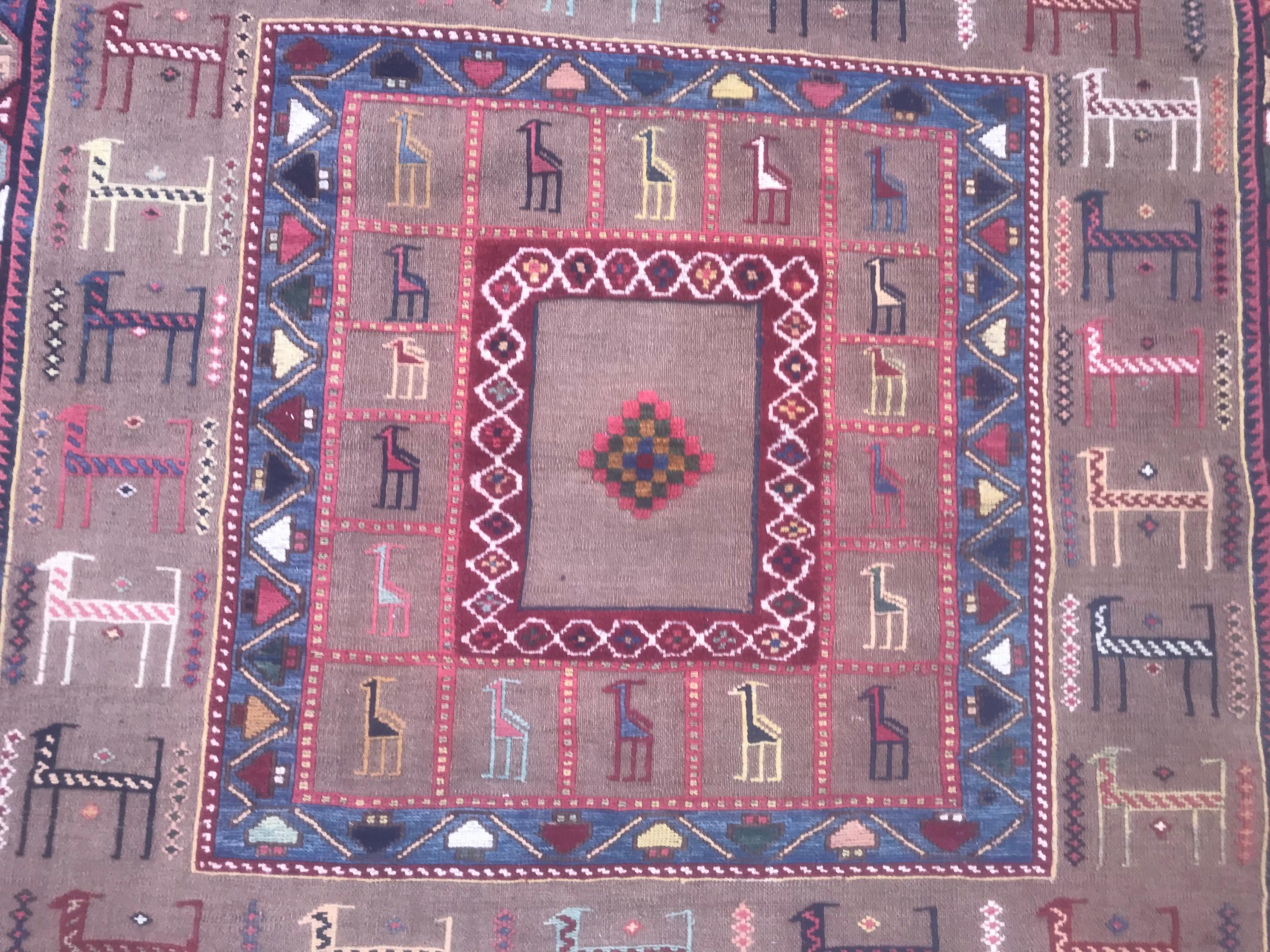 Nice late 20th century shahsavand embroidered Kilim with Sumak method at designed parts and simple woven method on field, with a beautiful tribal design and nice colors with a grey field, pink, blue, green, orange and purple, entirely hand