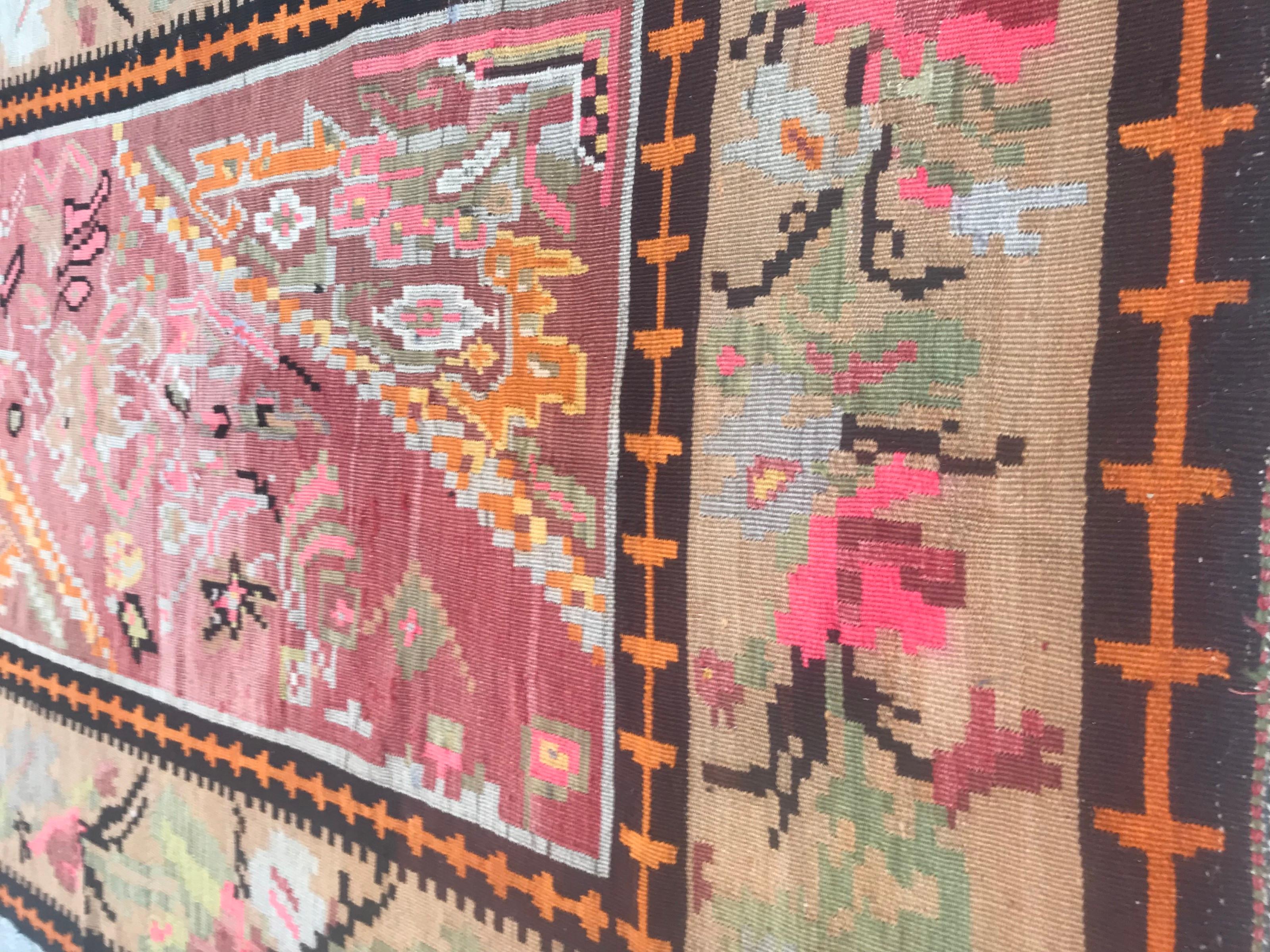 Wool Very Beautiful Vintage Turkish Floral Design Kilim