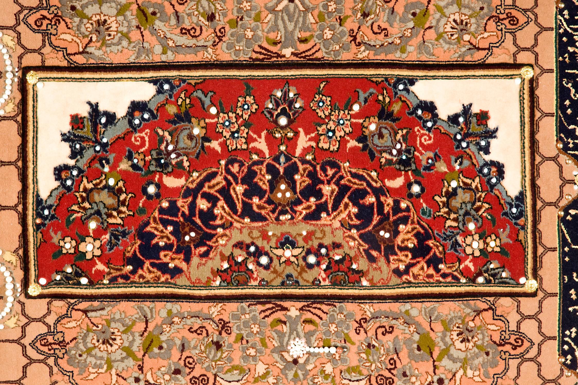 Very beautiful, 20th century gold, pearl and precious stone Isfahan rug.