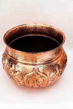 Very big floral hammered jugendstil copper palm pot vienna around 1908