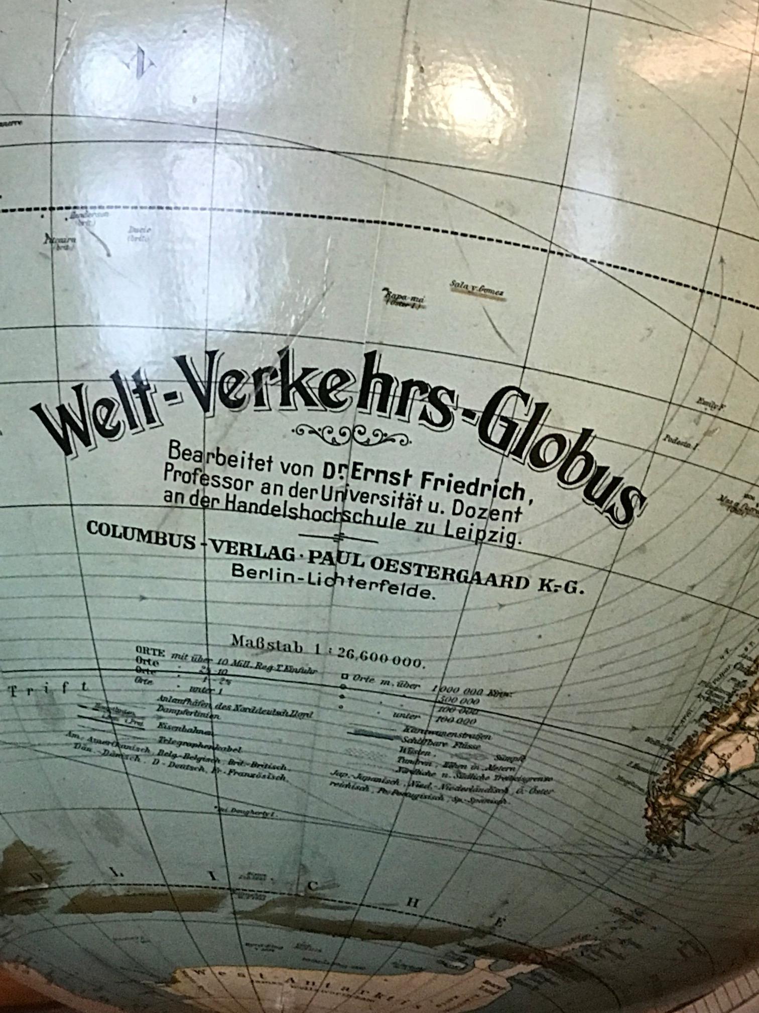 Welt-verkehr Erdglobus by Dr. Ernst Friedrich - diameter circa 50 cm, height circa 140cm. 
Berlin, circa 1940, 