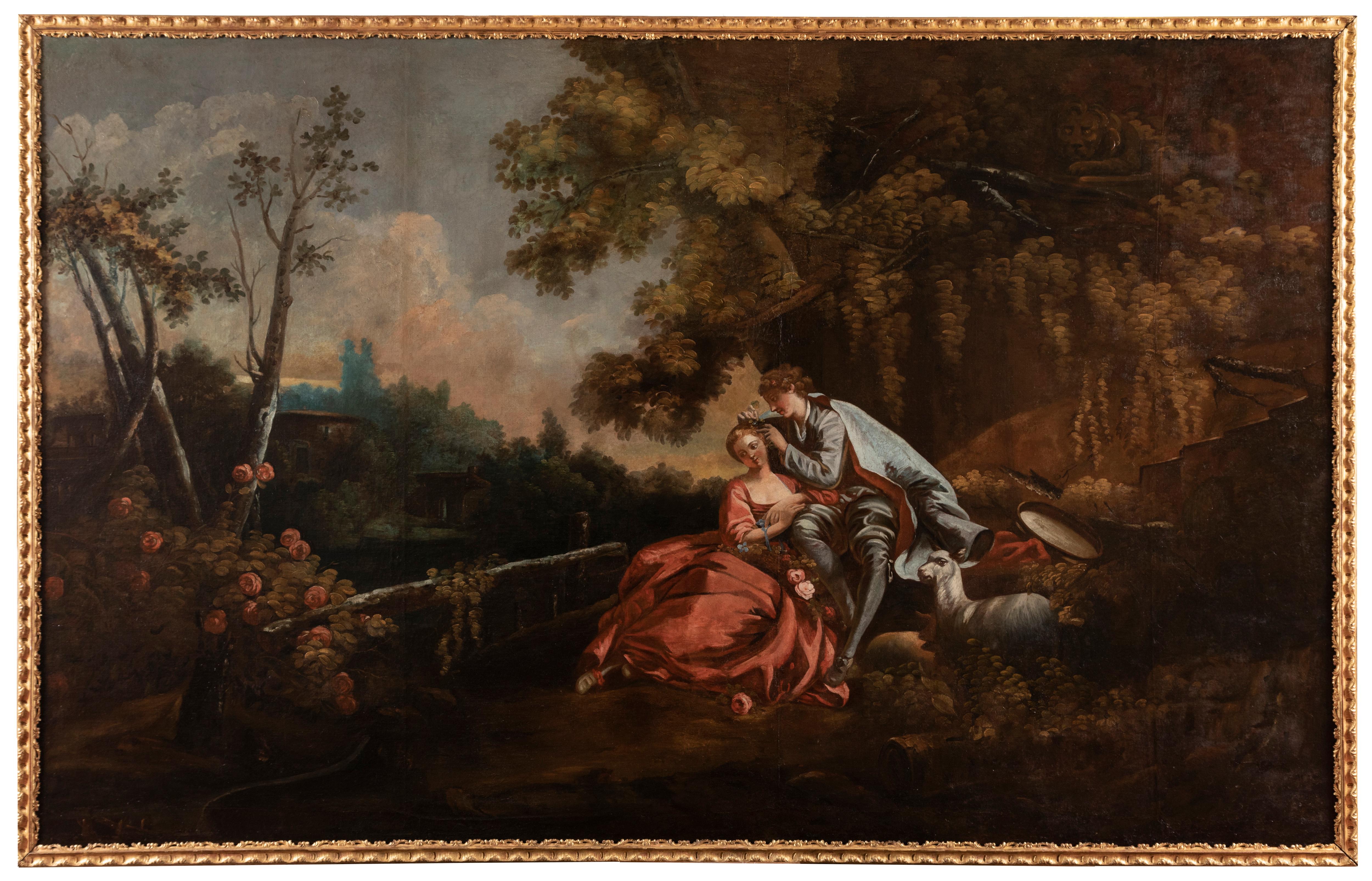 Very rare triptych of the 18th century, follower of François Boucher. Our impressively-sized paintings come from a private collection of a famous French family (Marnier Lapostolle).
Its display in a monumental entrance reflects the good taste of