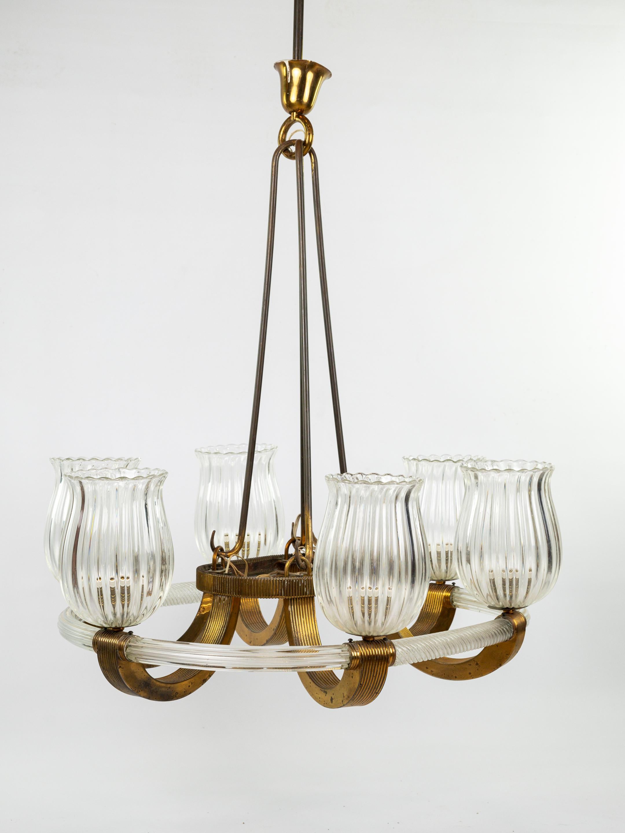 Mid-Century Modern Very chic brass and murano glass chandelier For Sale