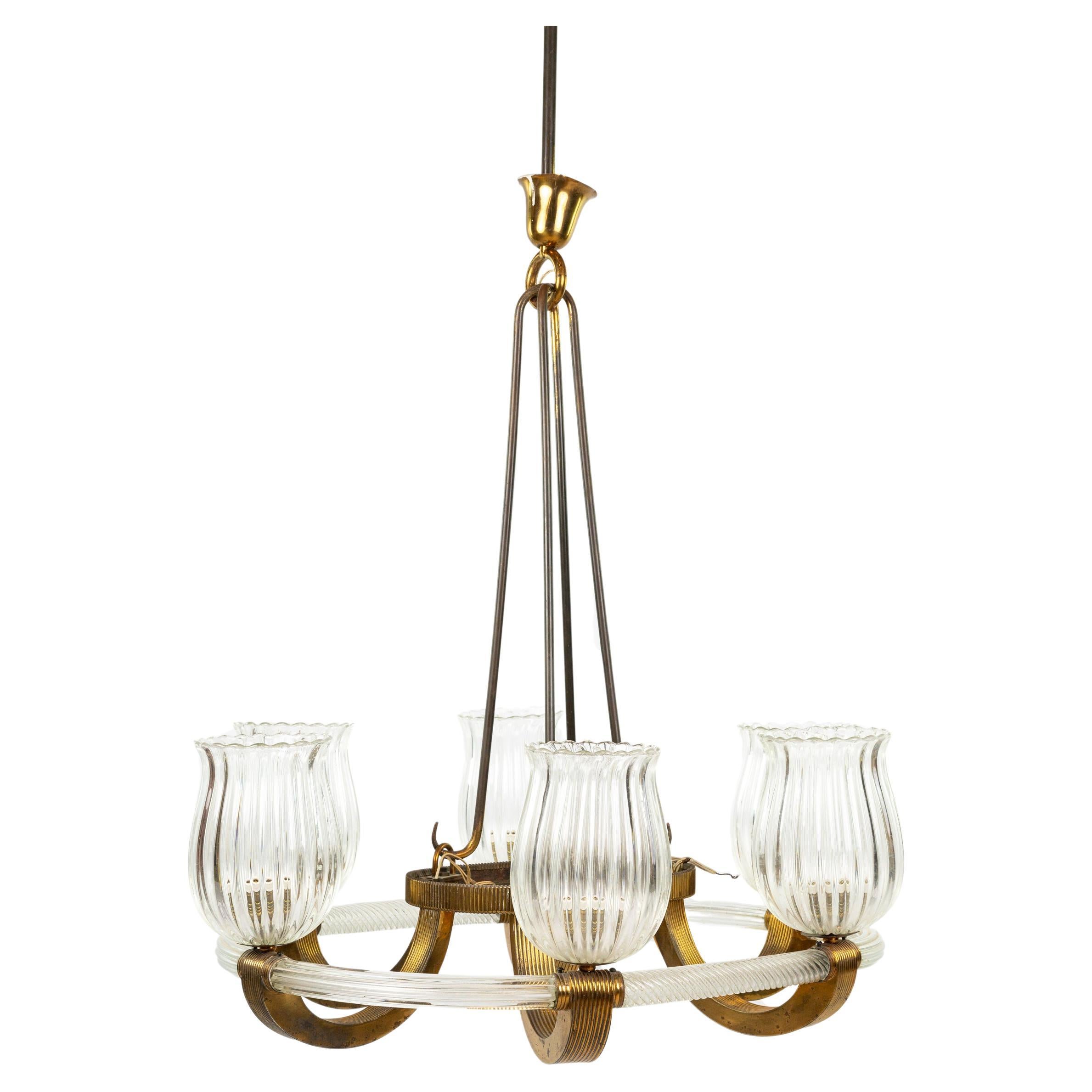 Very chic brass and murano glass chandelier For Sale