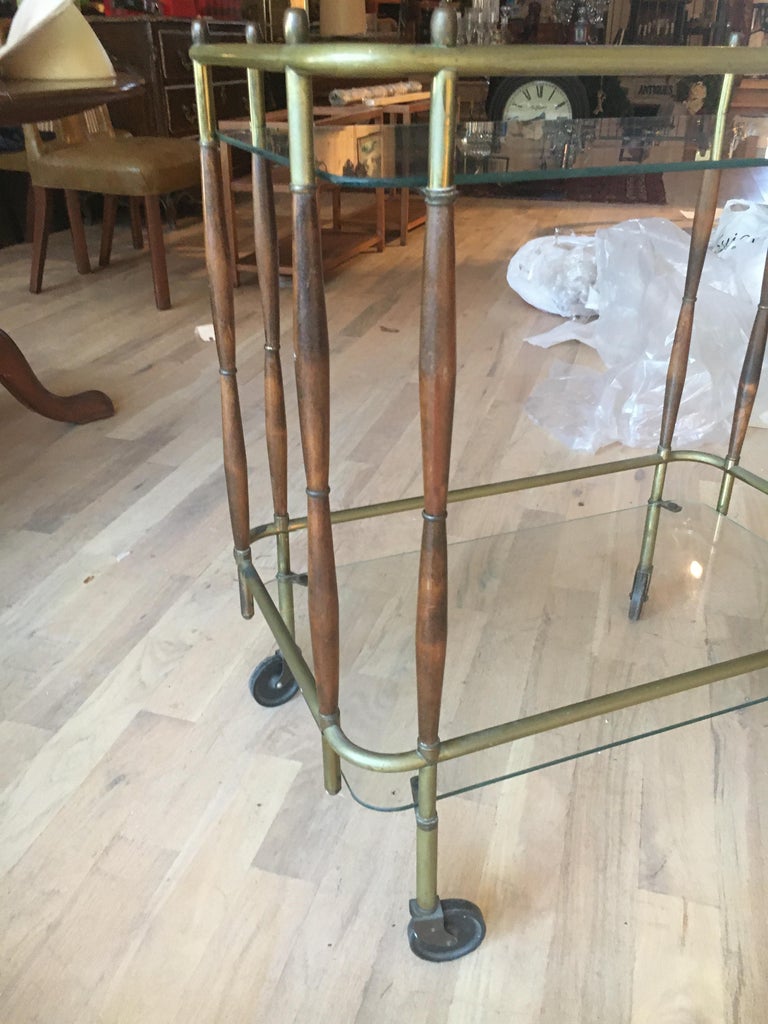 Very Chic Brass and Walnut Midcentury TwoTier Bar Cart. Nice old patina. For Sale at 1stDibs