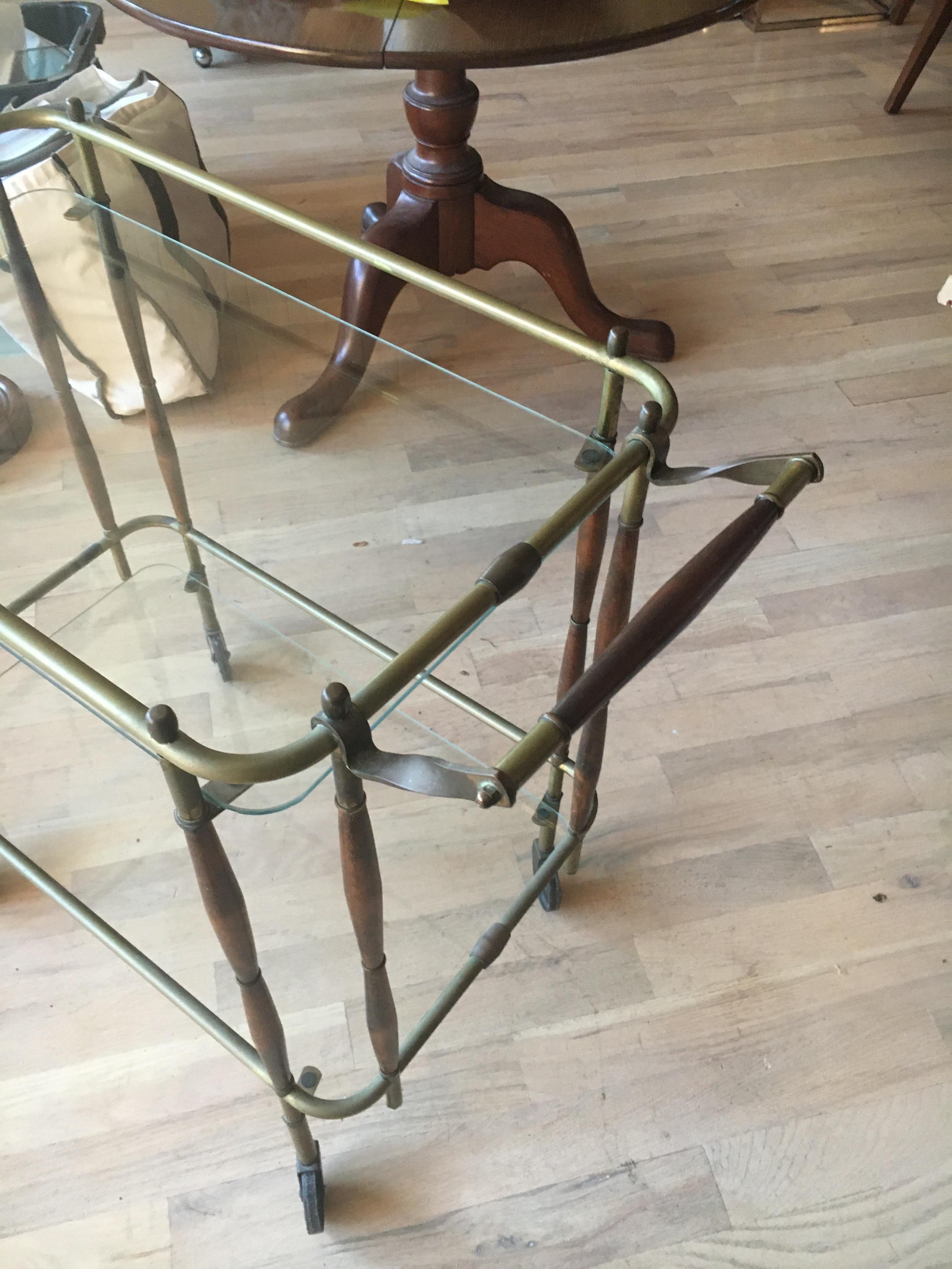 Mid-Century Modern Very Chic Brass and Walnut Midcentury Two-Tier Bar Cart.  Nice old patina.  