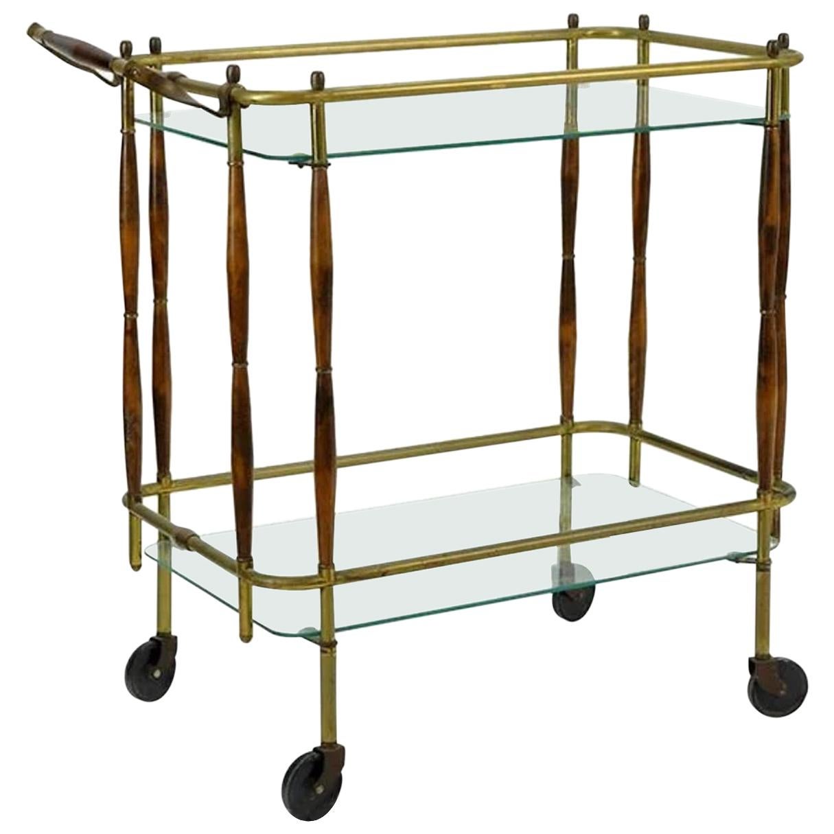 Very Chic Brass and Walnut Midcentury Two-Tier Bar Cart.  Nice old patina.  