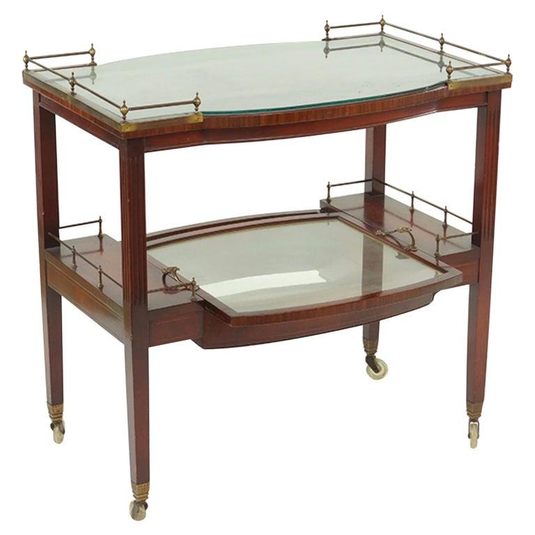 Very Chic Brass and Walnut Midcentury TwoTier Bar Cart. Nice old patina. For Sale at 1stDibs