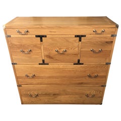 Very Chic Contemporary Campaign Style Blonde Teak and Chrome Chest of Drawers