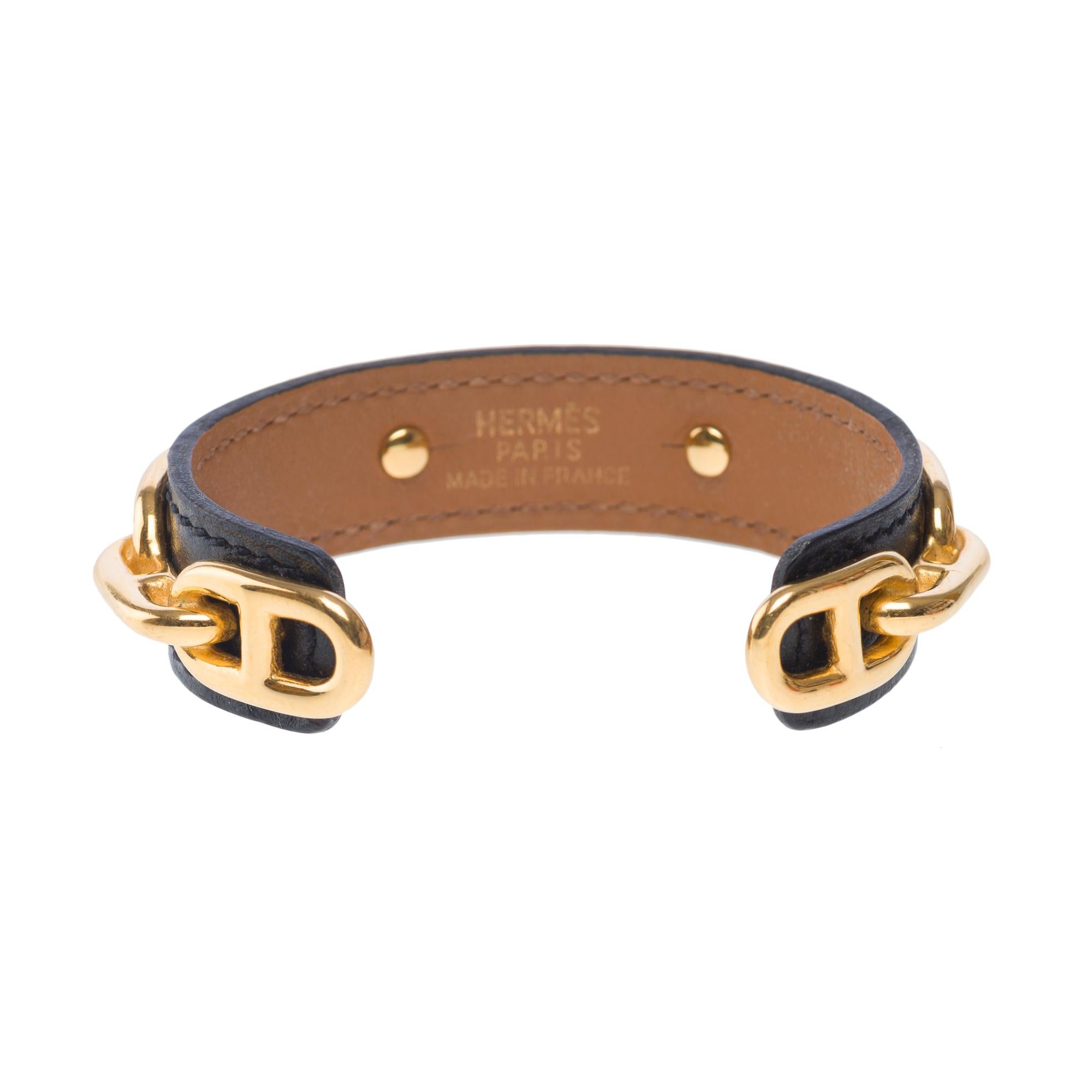 Women's Very Chic Hermès Chaine D'Ancre bracelet in black leather, GHW