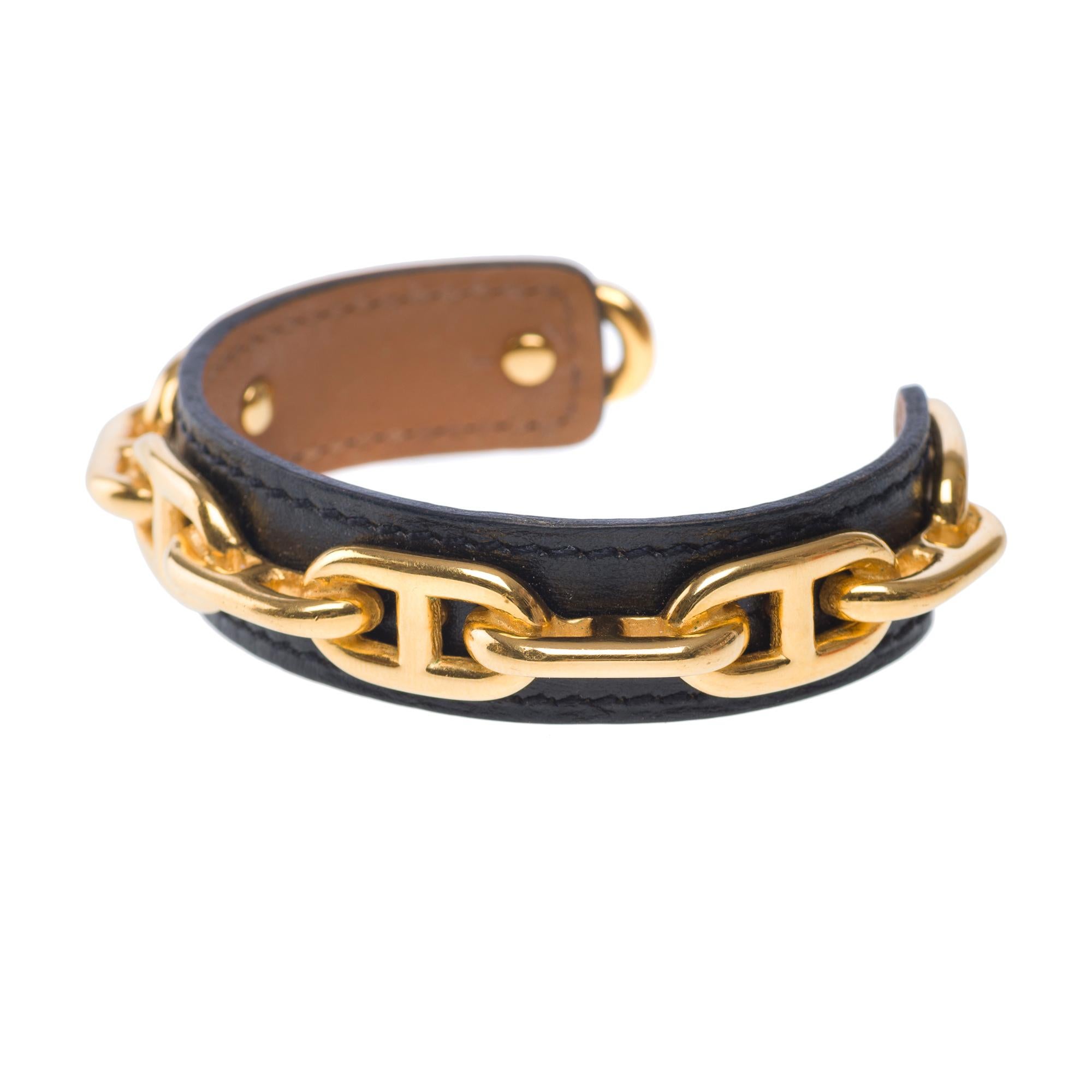 Very Chic Hermès Chaine D'Ancre bracelet in black leather, GHW 1