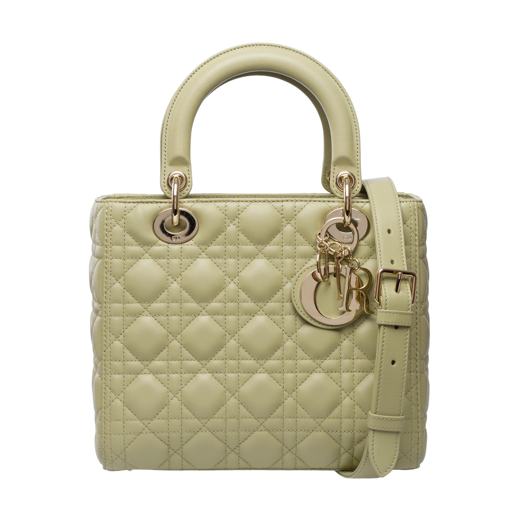 Beige Very Chic Lady Dior Medium (MM) handbag strap in Green cannage leather, GHW