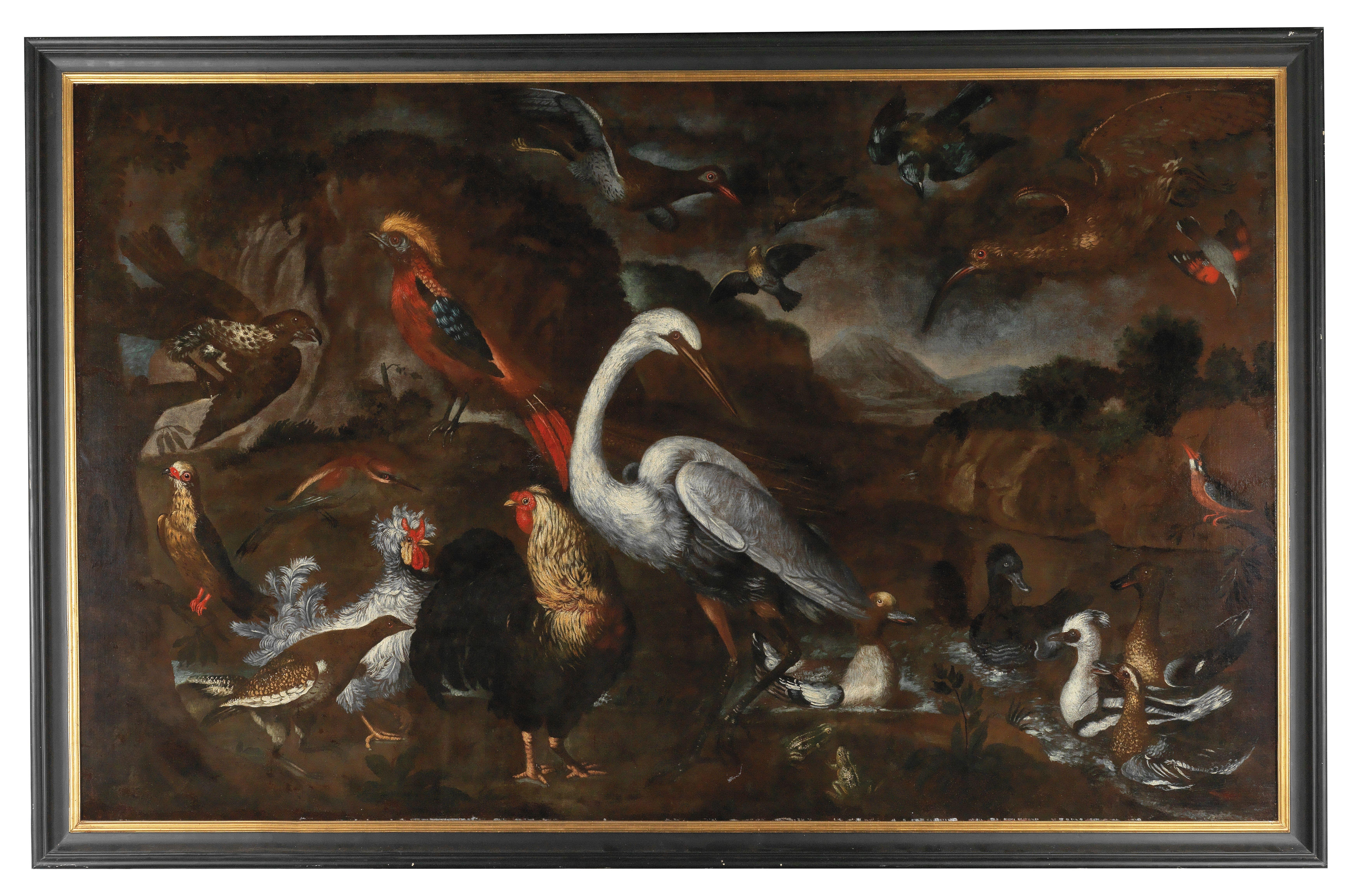 Pietro Neri Scacciati
(Florence 1684–1749) 
Native and exotic birds from the aviaries of Grand Duke Cosimo III of Tuscany, 
oil on canvas, 144 x 232 cm, framed

A very chic and timeless large old master painting to group a room around.