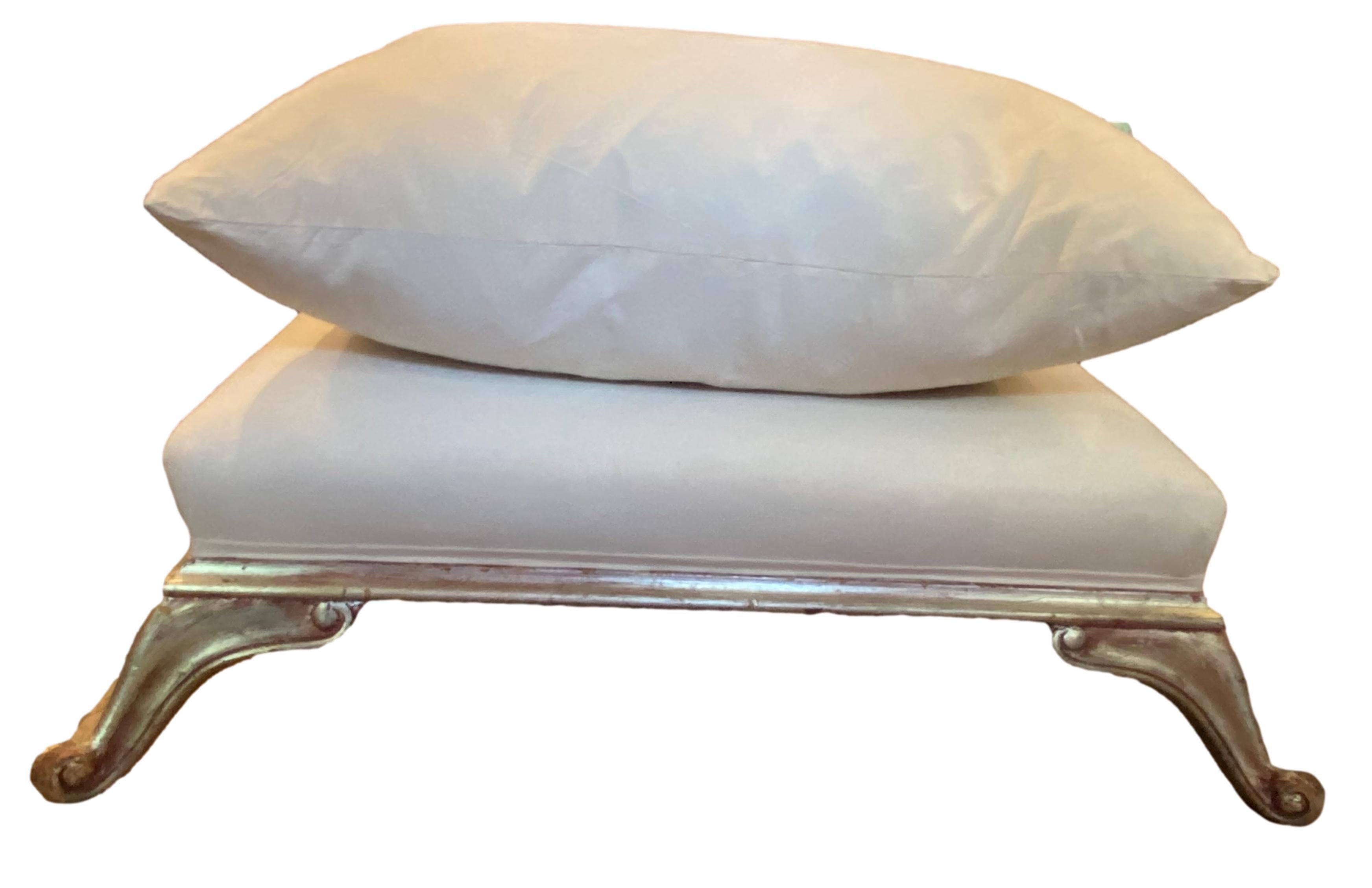 Ottoman / Pouf / Foot Stool with separate pillow and silver leafed, carved base with feet.... recently reupholstered  and restuffed in Muslin, which you can cover in your own fabric.... 