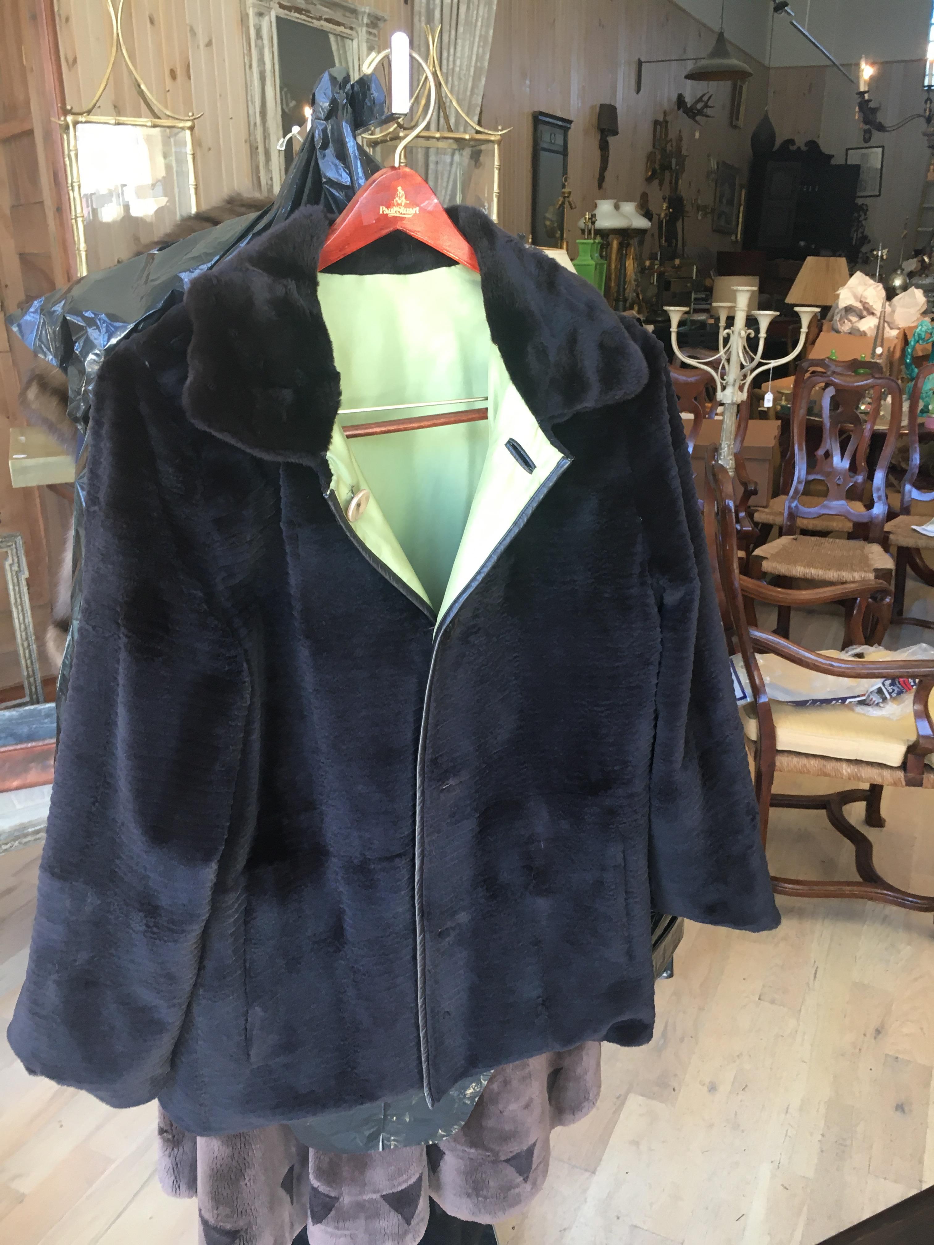 Brown Very Chic Reversible Green Nylon, Black Leather and Sheared Rabbit Coat For Sale