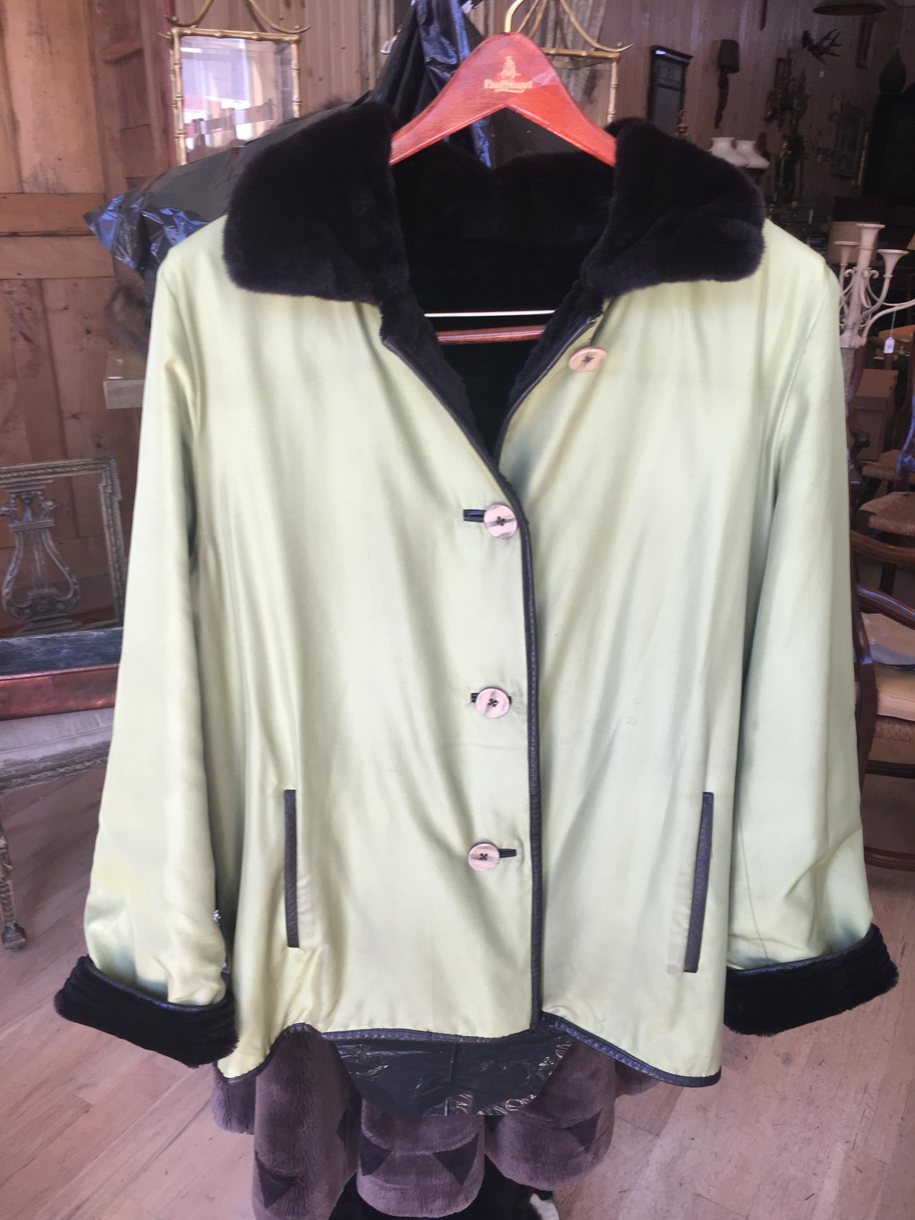 Very Chic Reversible Green Nylon, Black Leather and Sheared Rabbit Coat For Sale 1