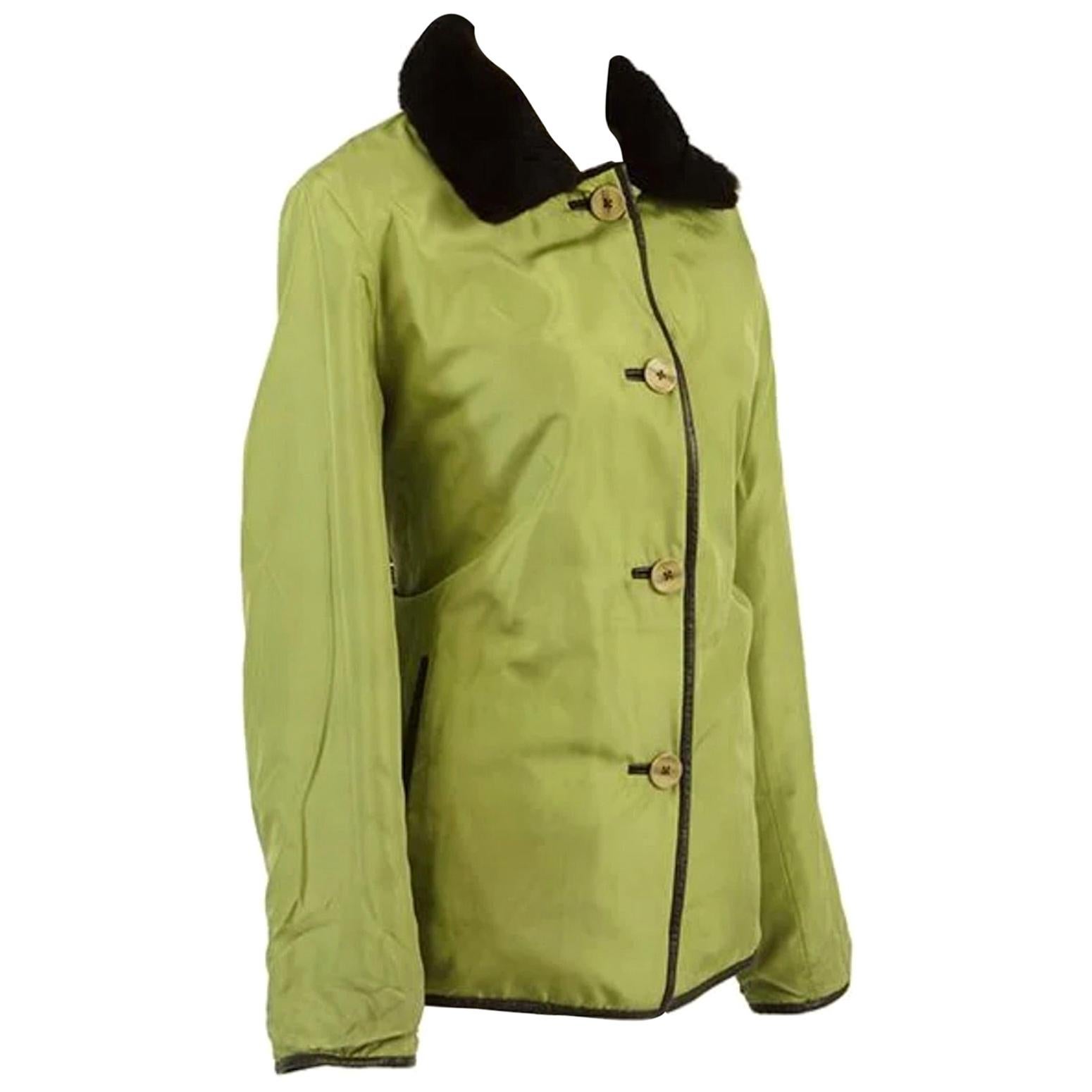 Very Chic Reversible Green Nylon, Black Leather and Sheared Rabbit Coat For Sale