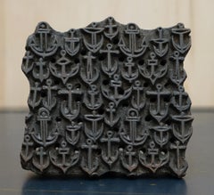 Nautisches antikes handgeschnitztes Druckblock mit Schiffsankern, Sammlerstück