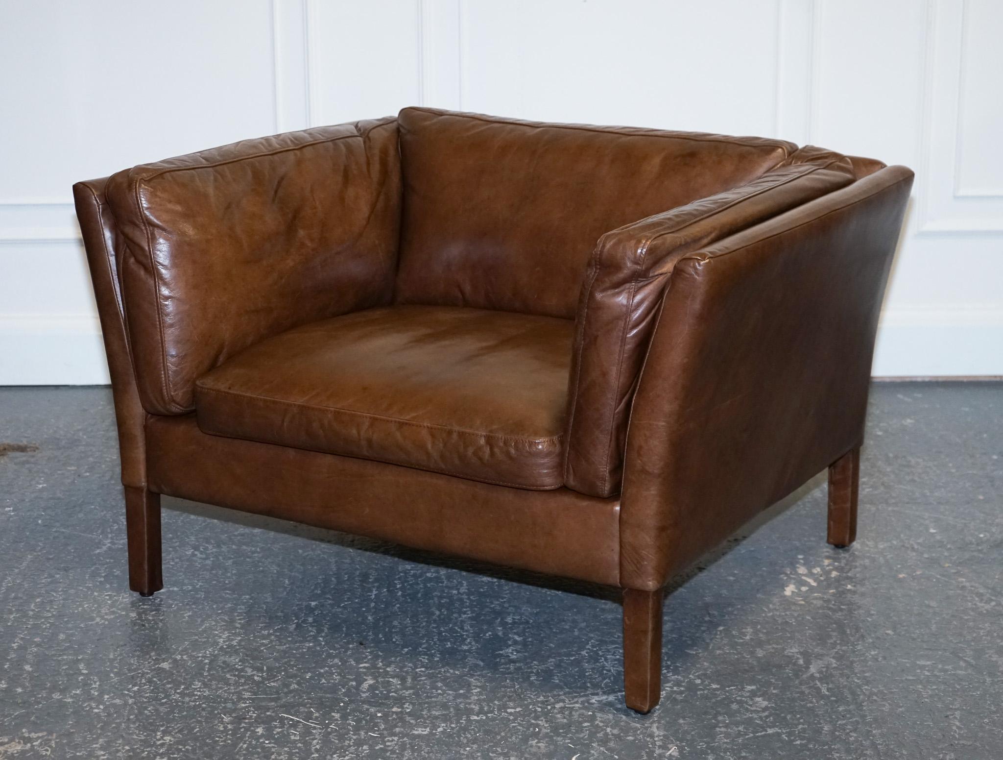 British Very Comfortable & Buttery Soft Halo Groucho Brown Leather Compact Armchair