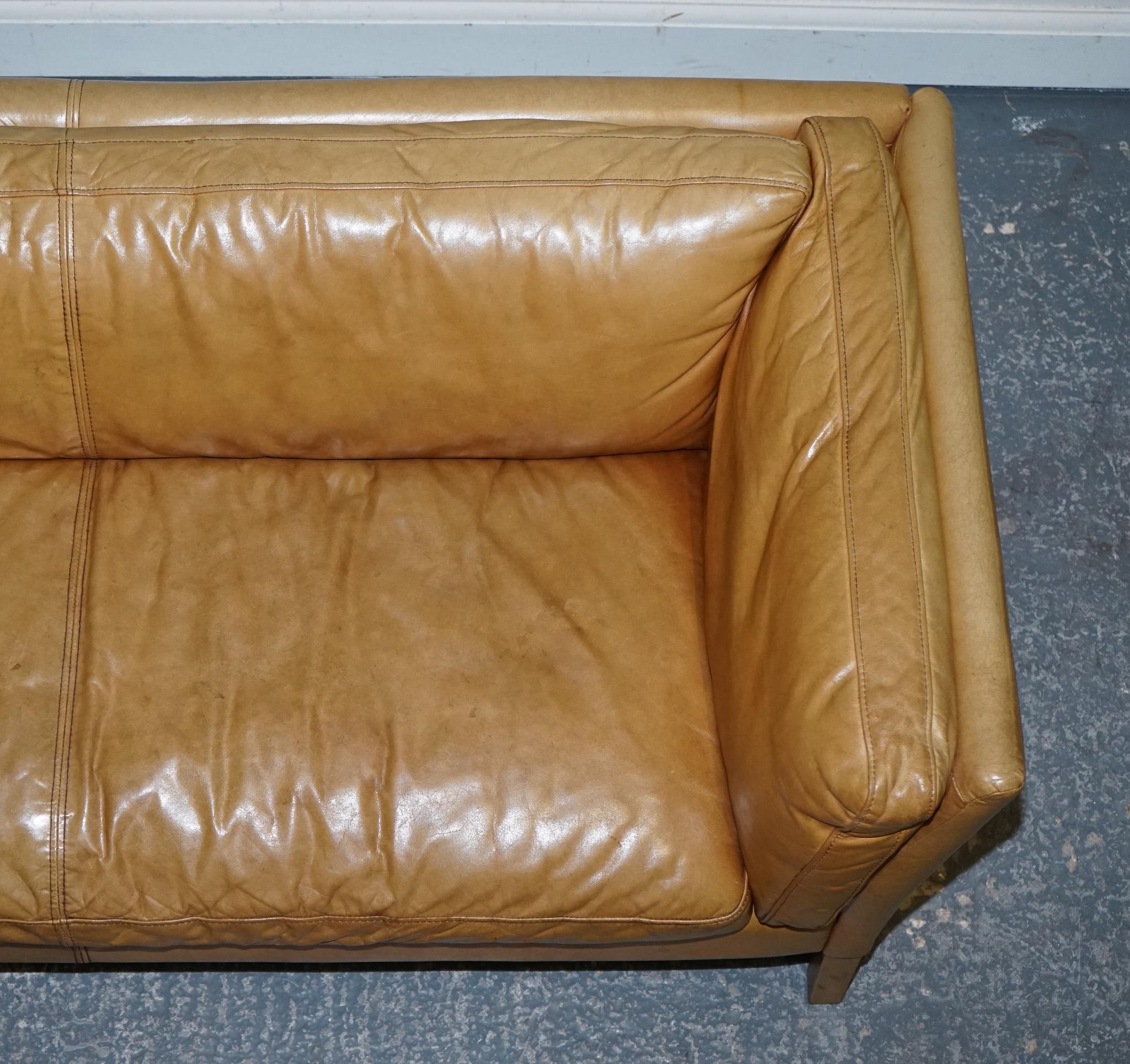 VERY COMFORTABLE CONTEMPORARY HALO GROUCHO BROWn TAN LEATHER TWO TO THREE SOFA 4