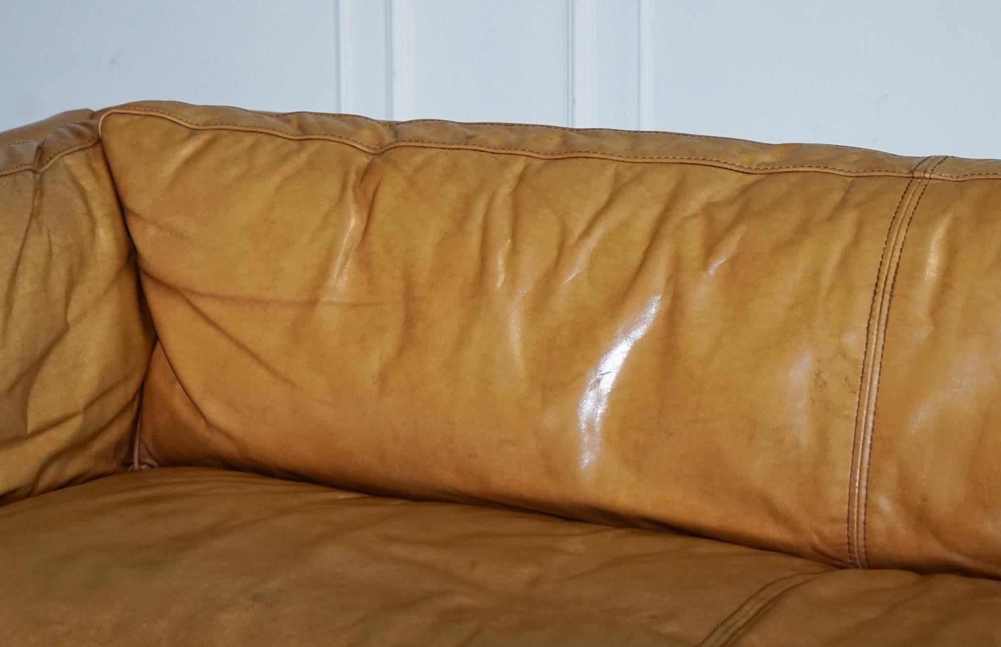 VERY COMFORTABLE CONTEMPORARY HALO GROUCHO BROWn TAN LEATHER TWO TO THREE SOFA 12