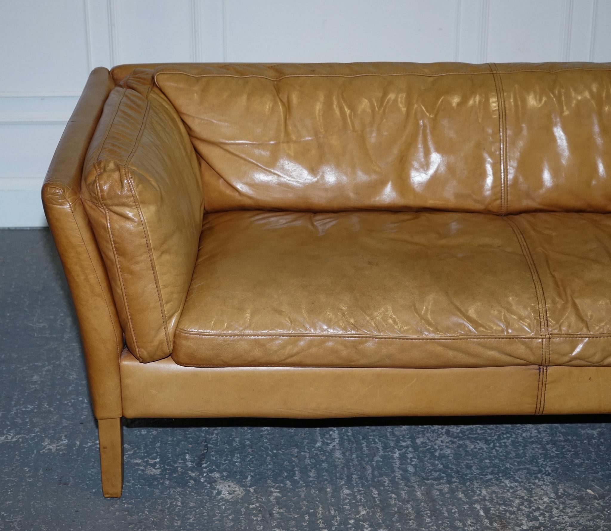 British VERY COMFORTABLE CONTEMPORARY HALO GROUCHO BROWn TAN LEATHER TWO TO THREE SOFA