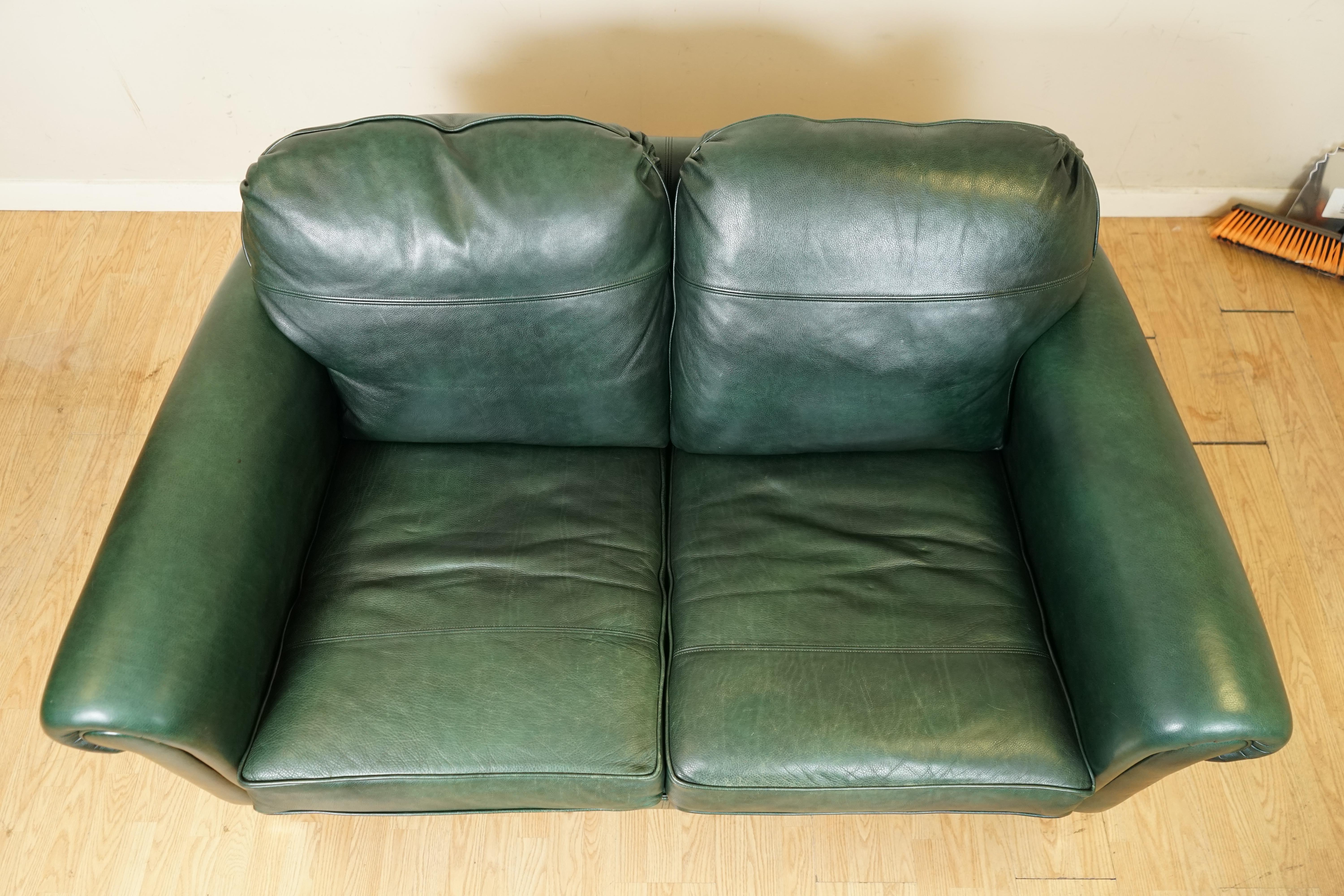 Very Comfortable Duresta Feather Filled Green Leather Sofa with Scatter Cushions 1