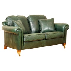 Used Very Comfortable Duresta Feather Filled Green Leather Sofa with Scatter Cushions